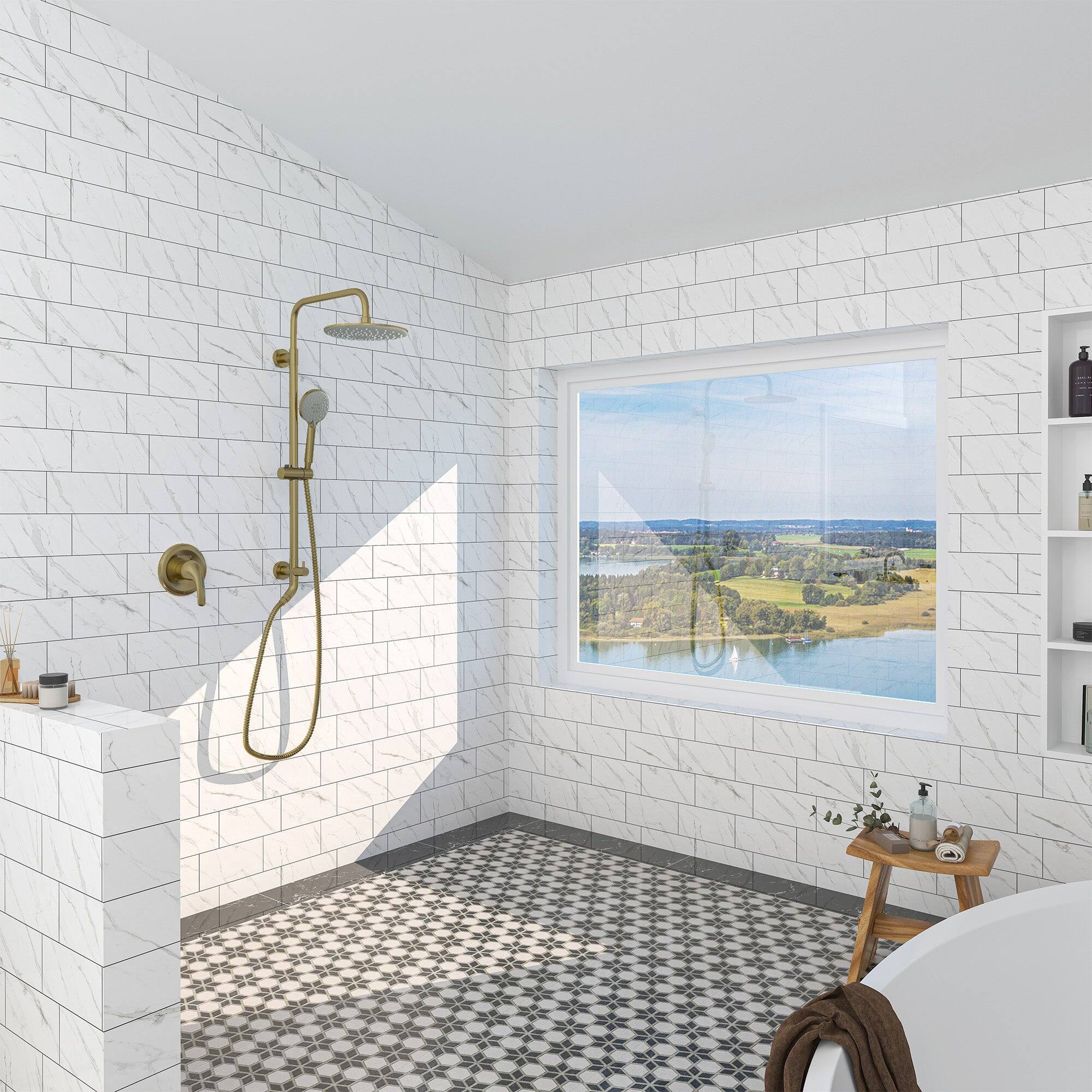 Alt View 3. Boyel Living - 3-Spray Patterns with 2.5 GPM 10 in. Wall Mount Dual Shower Heads with Pressure Balance Valve in Brushed Gold - Brushed Gold.