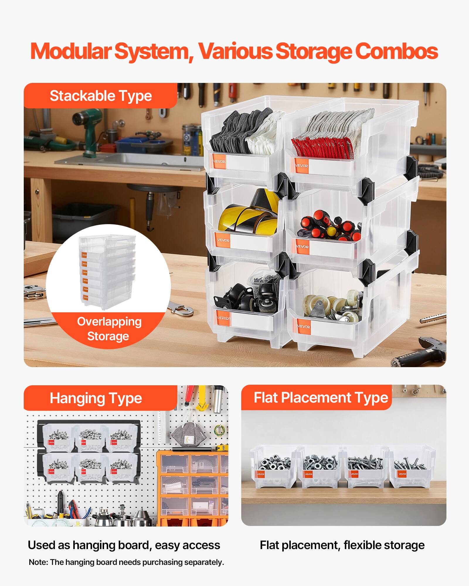 Modular System, Various Storage Combos

Stackable Type

Overlapping Storage

Hanging Type

Used as hanging board, easy access
Note: The hanging board needs purchasing separately.

Flat Placement Type

Flat placement, flexible storage