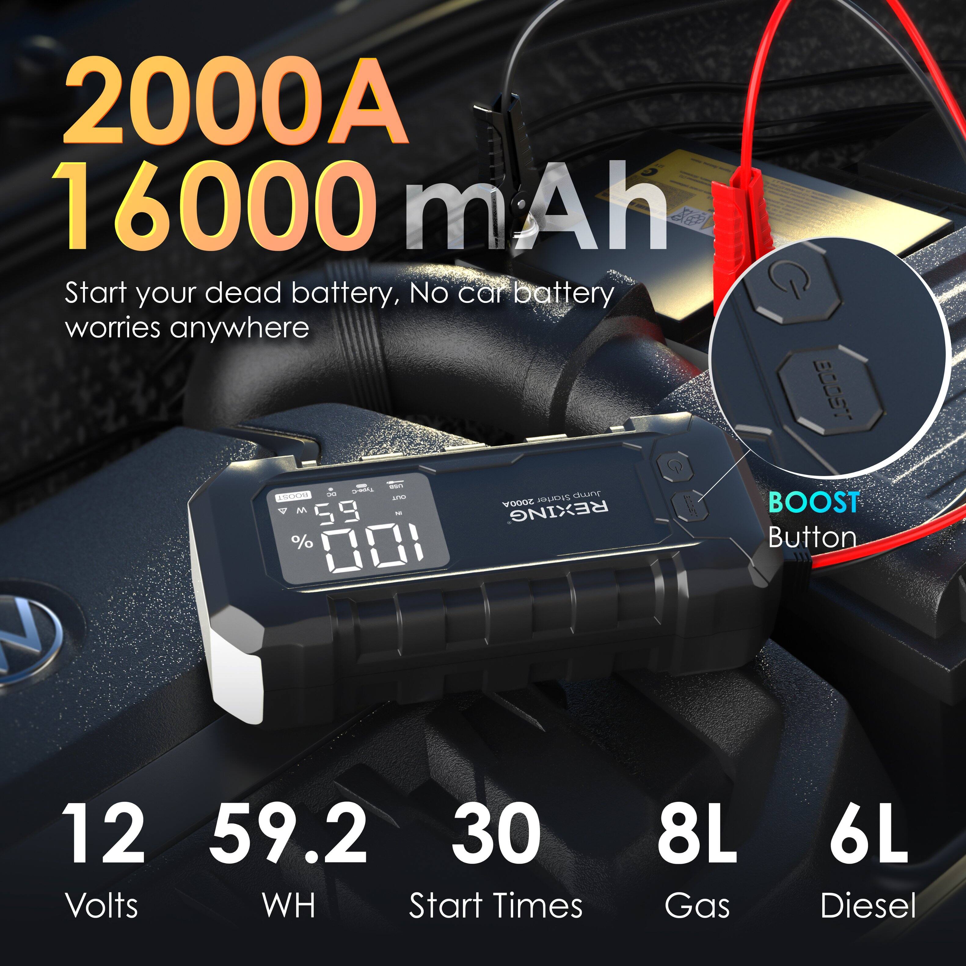 2000A 16000 mAh  
Start your dead battery, No car battery worries anywhere  

12 Volts  
59.2 WH  
30 Start Times  
8L Gas  
6L Diesel  

BOOST Button