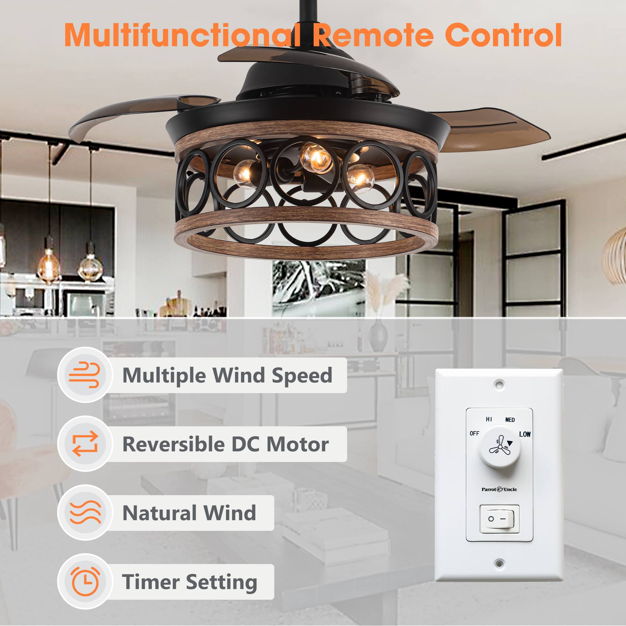 Multifunctional Remote Control

- Multiple Wind Speed
- Reversible DC Motor
- Natural Wind
- Timer Setting

HI
MED
OFF
LOW

Parrot&Uncle