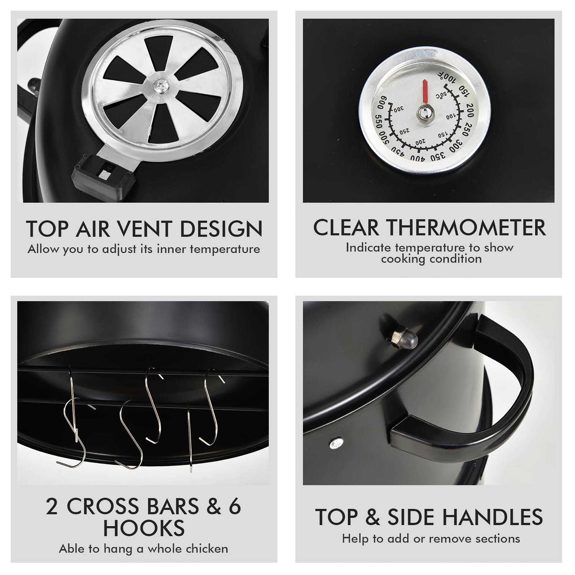 The text on the image is grouped and corrected as follows:

1. Top Air Vent Design: Allow you to adjust its inner temperature.
2. Clear Thermometer: Indicate temperature to show cooking condition.
3. 2 Cross Bars & 6 Hooks: Able to hang a whole chicken.
4. Top & Side Handles: Help to add or remove sections.