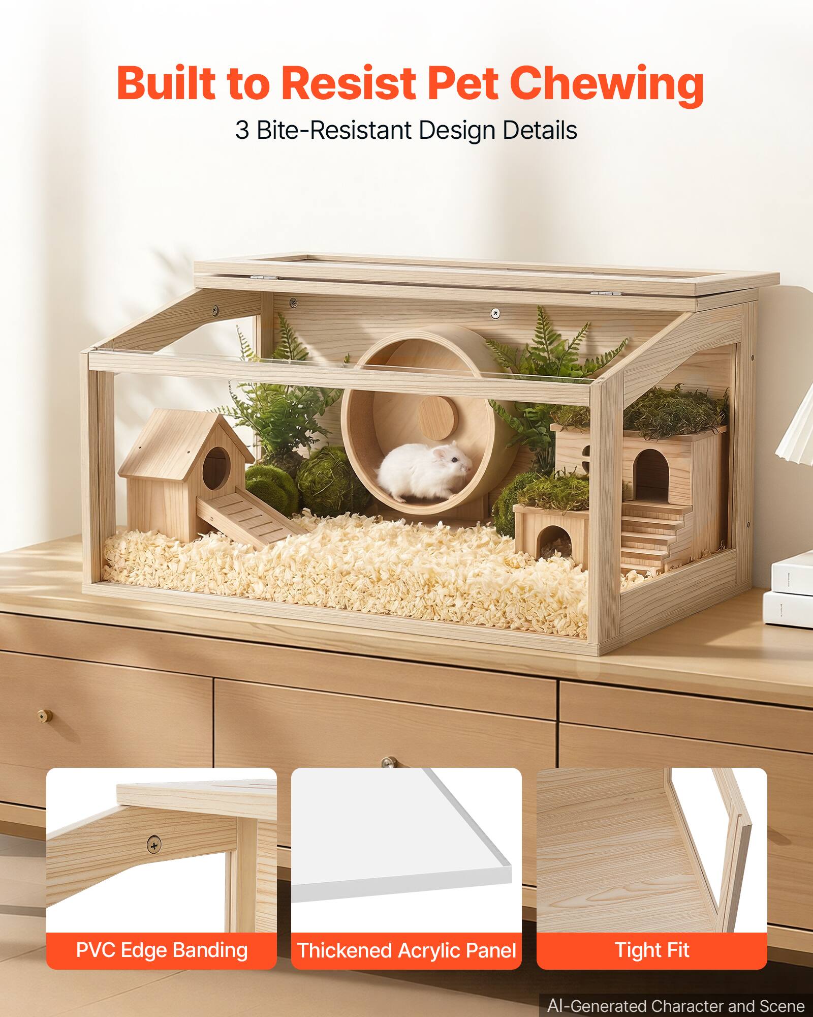 Built to Resist Pet Chewing  
3 Bite-Resistant Design Details  
PVC Edge Banding  
Thickened Acrylic Panel  
Tight Fit  
AI-Generated Character and Scene