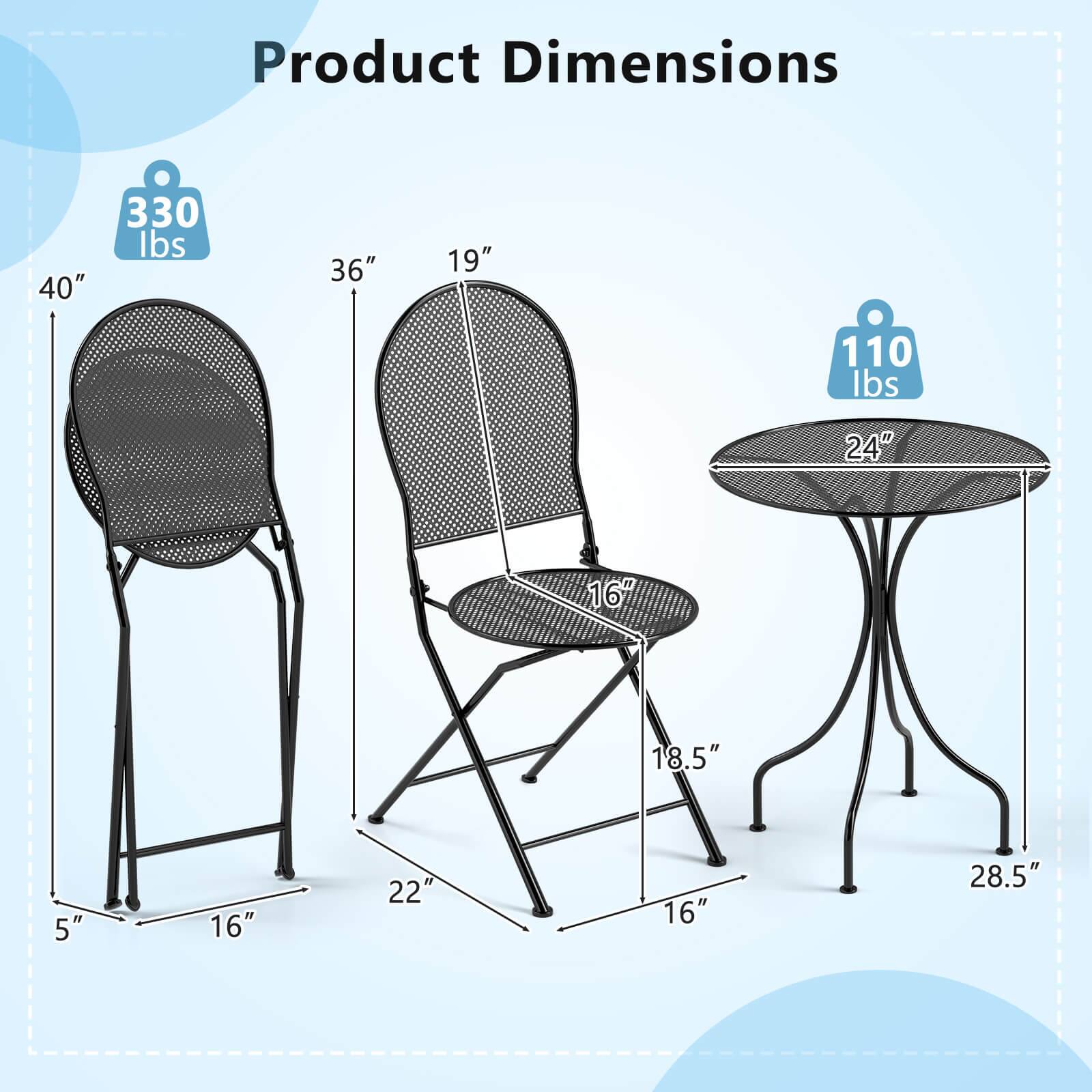 Product Dimensions

- Chair 1: 40" H x 16" W x 5" D, 330 lbs
- Chair 2: 36" H x 19" W x 16" D, 110 lbs
- Table: 24" Diam x 18.5" H, 28.5" Base Diameter