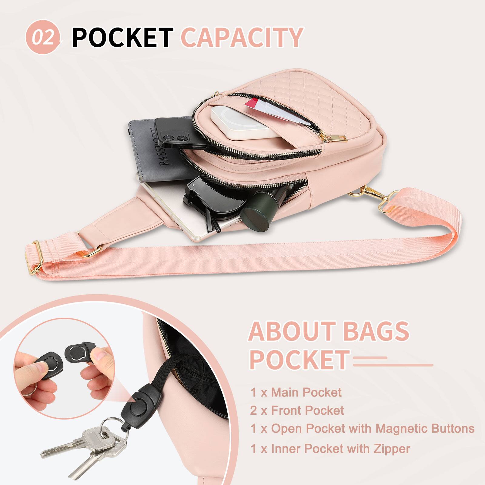 02 POCKET CAPACITY

ABOUT BAGS POCKET

1 x Main Pocket  
2 x Front Pocket  
1 x Open Pocket with Magnetic Buttons  
1 x Inner Pocket with Zipper