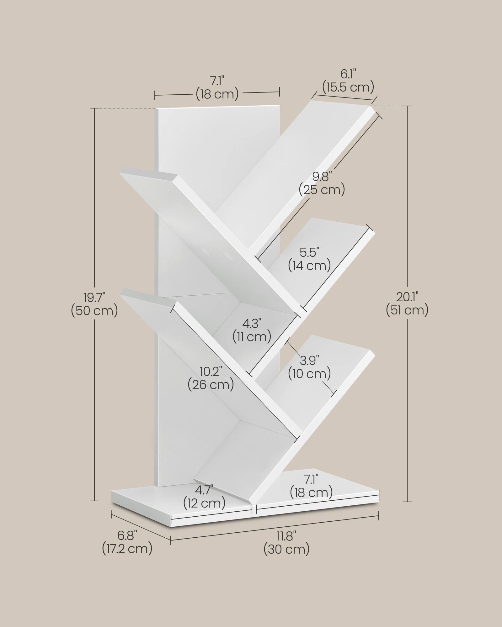 7.1" (18 cm)  
6.1" (15.5 cm)  
9.8" (25 cm)  
5.5" (14 cm)  
19.7" (50 cm)  
4.3" (11 cm)  
10.2" (26 cm)  
3.9" (10 cm)  
20.1" (51 cm)  
4.7" (12 cm)  
7.1" (18 cm)  
6.8" (17.2 cm)  
11.8" (30 cm)