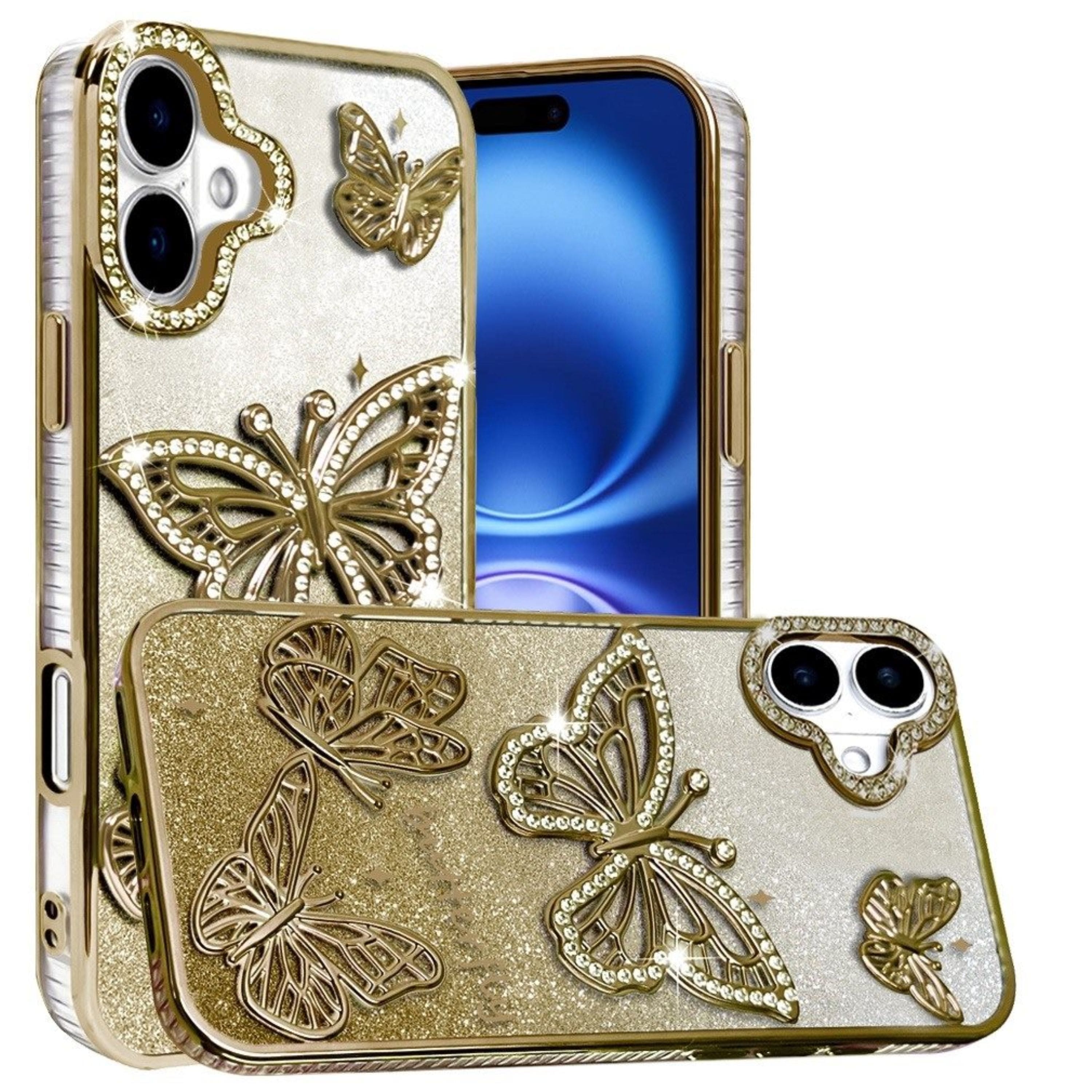Kitcheniva - Bling Butterflies 3D Glitter Phone Cover Plus Tempered Glass For iPhone 17 - Gold price history on PriceWatchPro