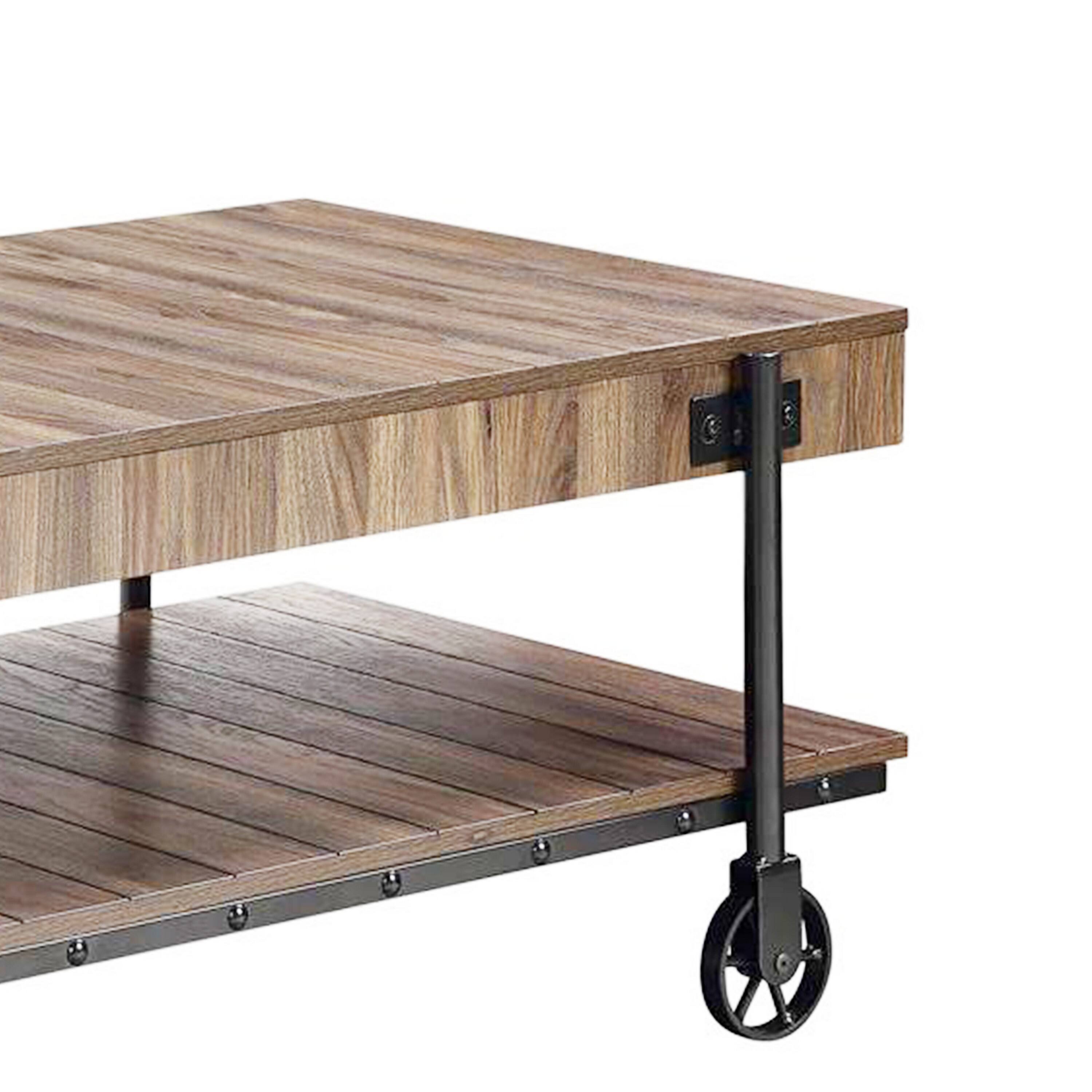 Alt View 2. Manhattan Lane - Loak 47 Inch Coffee Table, Brown Plank Top, Bottom Shelf, Wheels - Black, Gray.