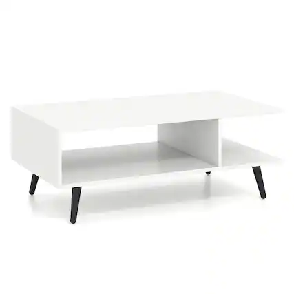 Front. Pefilos - Mid-Century Modern 2-Tier Rectangular Coffee Table, 2 Open Storage Compartments, Tapered Metal Legs, White - White.