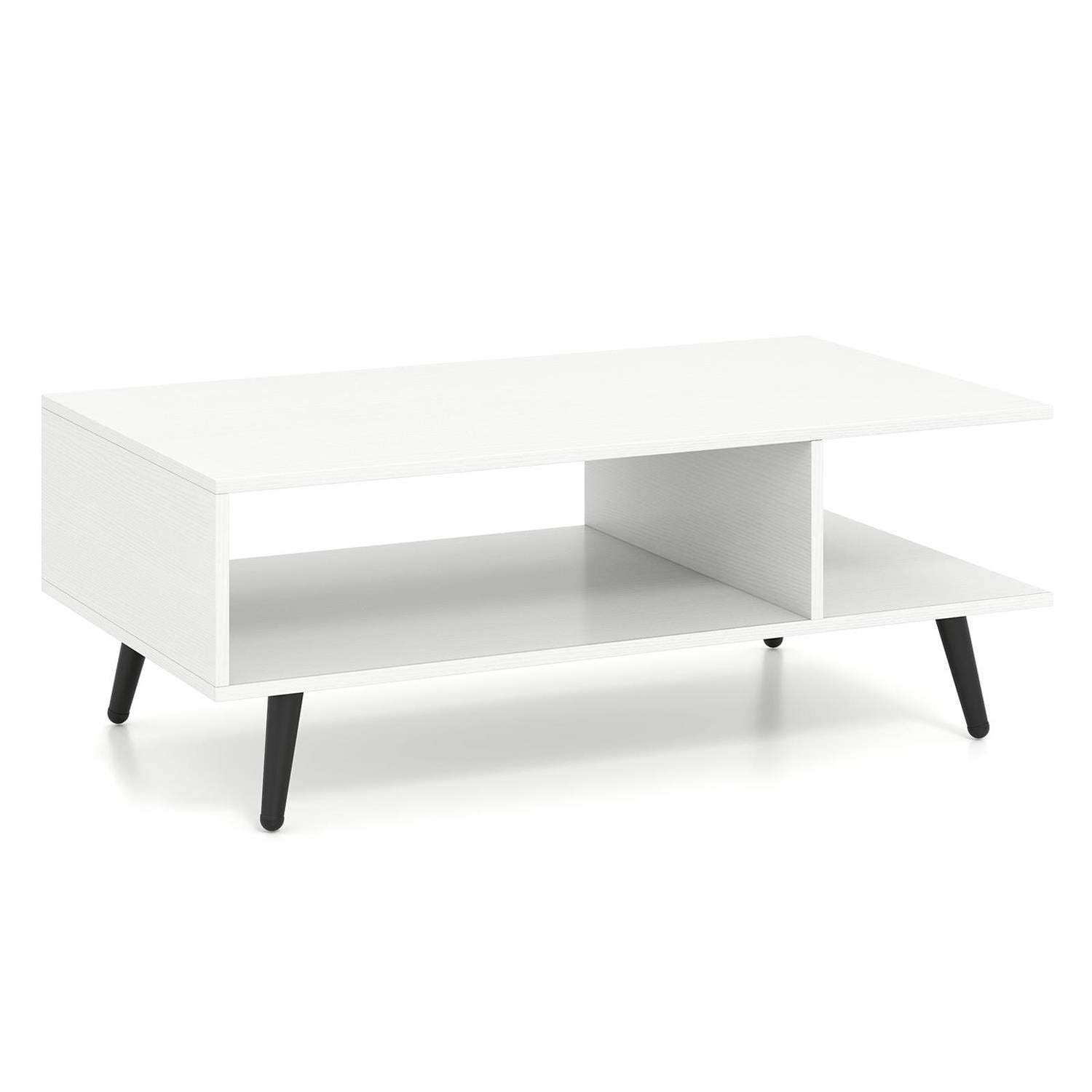 Front. Pefilos - Mid-Century Modern 2-Tier Rectangular Coffee Table, 2 Open Storage Compartments, Tapered Metal Legs, White - White.