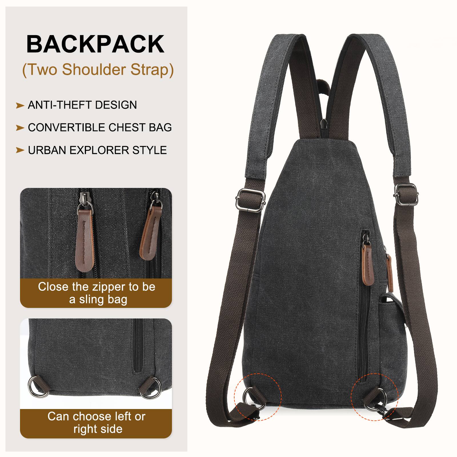 BACKPACK (Two Shoulder Strap)

- ANTI-THEFT DESIGN
- CONVERTIBLE CHEST BAG
- URBAN EXPLORER STYLE

Close the zipper to be a sling bag

Can choose left or right side