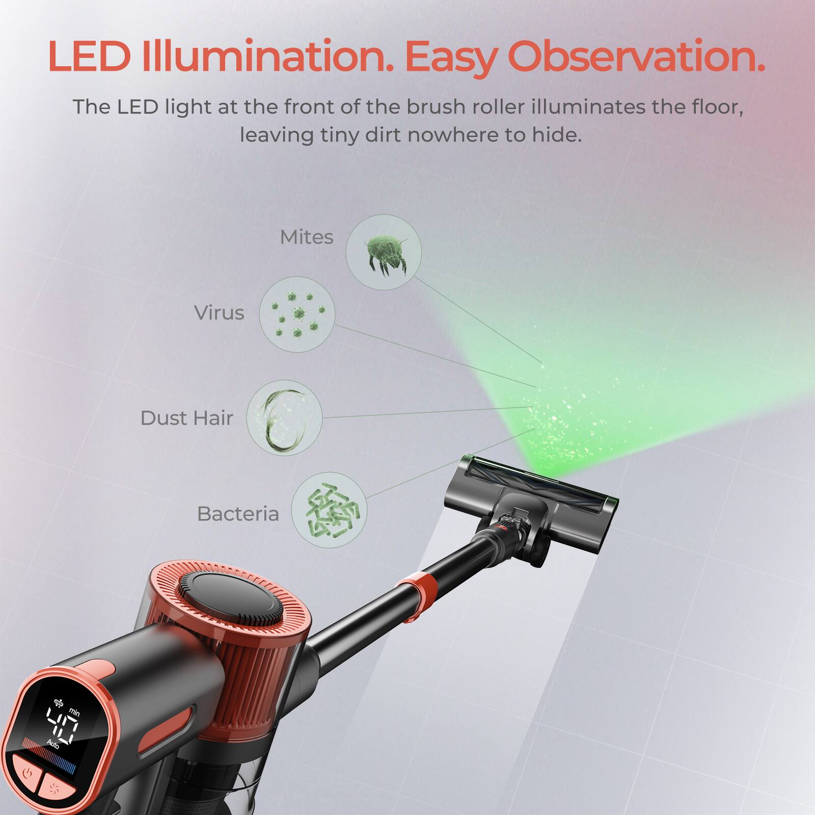 LED Illumination. Easy Observation. The LED light at the front of the brush roller illuminates the floor, leaving tiny dirt nowhere to hide. Mites, Virus, Dust, Hair, Bacteria, and Mold are all visible in the light, making it easy to observe and clean the floor.