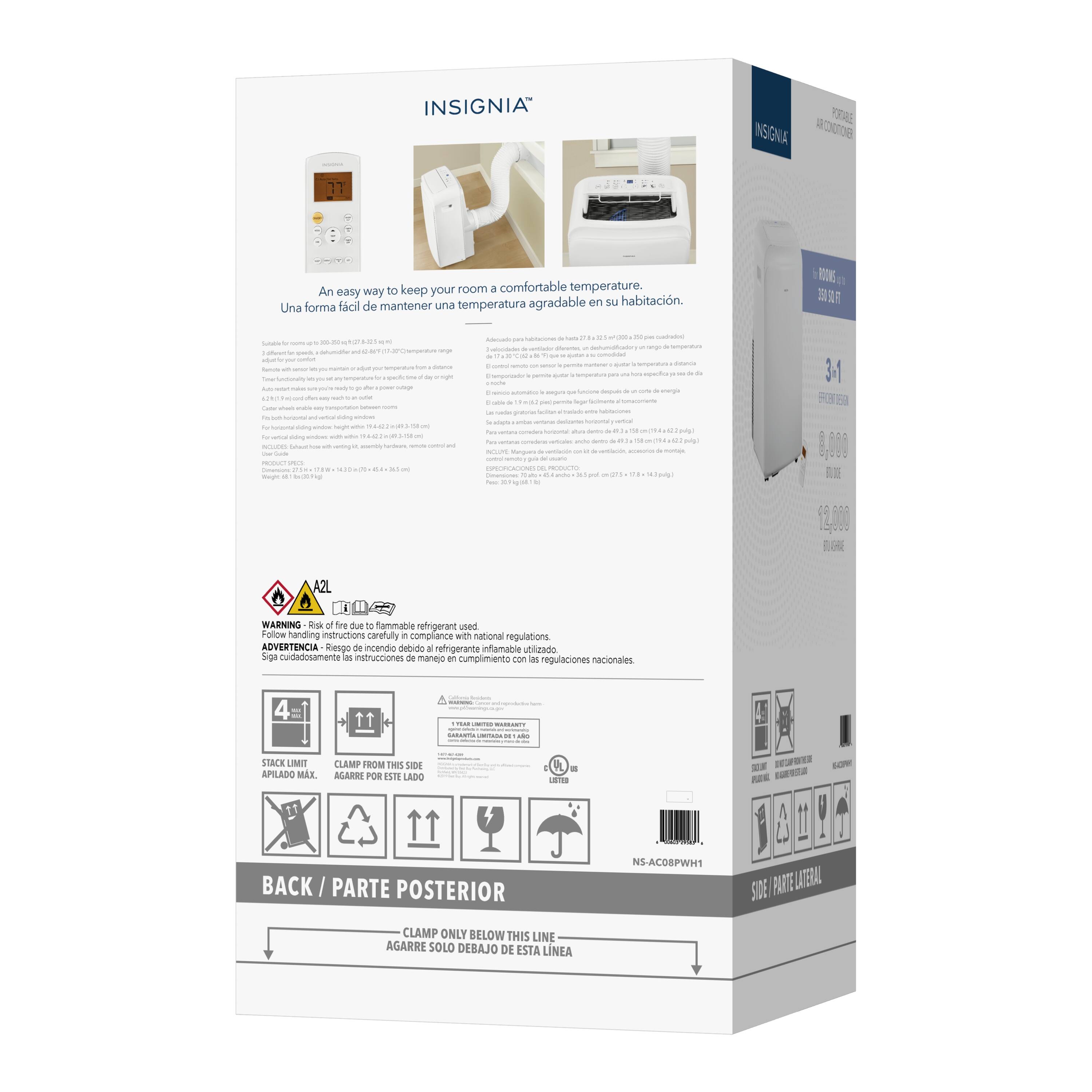 INSIGNIA BOUCA: An easy way to keep your room comfortable temperature. Una forma fácil de mantener una temperatura agradable en su habitacin.

WARNING: Riesgo de incendio debido a refrigerante inflamable utilizado. Siga cautiously las instrucciones de manejo en compliance with national regulations. ADVERTENCIA: Riesgo de incendio debido a refrigerante inflamable utilizado. Siga cautiously las instrucciones de manejo an cymplimiento - N regulaciones nacionales.

4 SACK LIMIT: APILADO MAX CLAMP FROM THE SIDE. AGARRE POR PSTR LADO - BACK PARTE POSTERIOR. NS-ACO8PWH1. SDE PARTE LATERAL CLAMP ONLY BELOW THIS LINE. AGARRE SOLO DEBAJO DE ESTA LNEA.