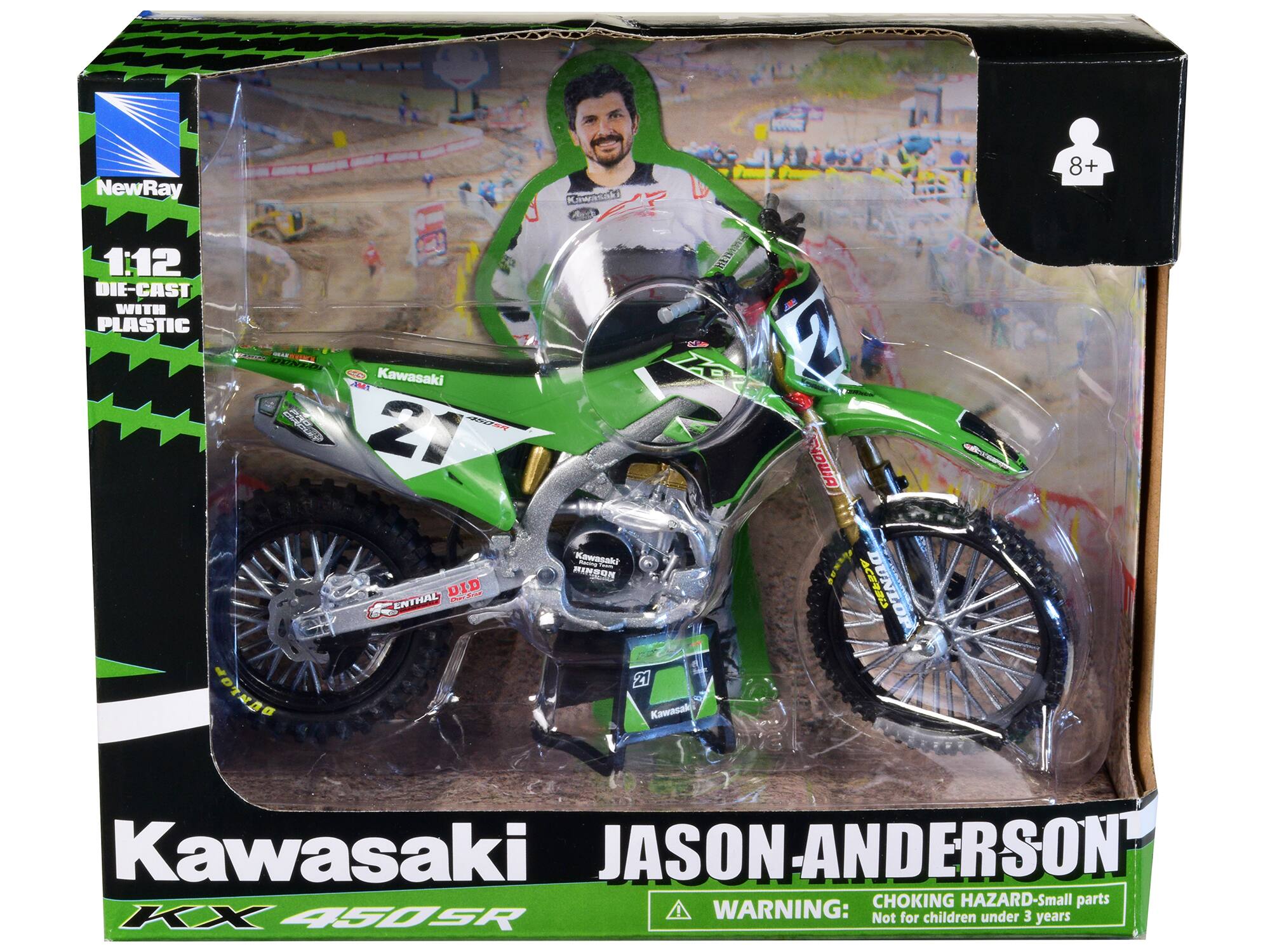 NewRay 1:12 DIE-CAST WITH PLASTIC DENE COVS Kawasaki MA IU FPaP 21 DID PE ENTHAL! AOTHDO A AcA LO 2 NOWA Kawonk KA RINDON ACRRL DUNLO 21 Kawasak 8+ Kawasaki JASON-ANDERSON CHOKING HAZARD-Small parts KX 450SR WARNING: Not for children under 3 years