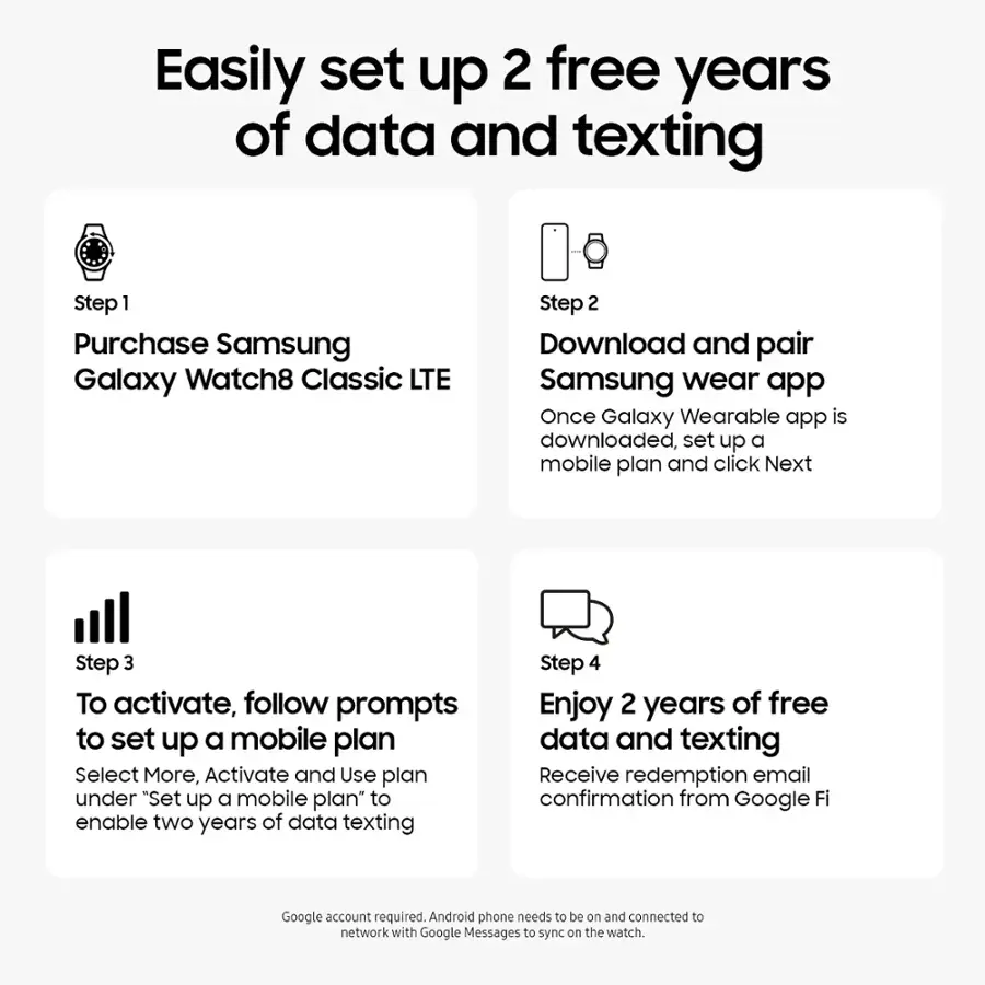 Easily set up 2 free years of data and texting

Step 1: Purchase Samsung Galaxy Watch8 Classic LTE

Step 2: Download and pair Samsung wear app
Once Galaxy Wearable app is downloaded, set up a mobile plan and click Next

Step 3: To activate, follow prompts to set up a mobile plan
Select More, Activate and Use plan under "Set up a mobile plan to enable two years of data texting

Step 4: Enjoy 2 years of free data and texting
Receive redemption email confirmation from Google Fi

Google account required. Android phone needs to be on and connected to network with Google Messages to sync on the watch.