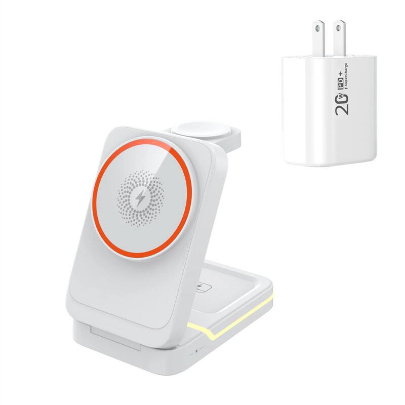 Front. SKRAN - Magnetic Wireless Charger with Charging Port - 3-in-1 Fast Charging Foldable Stand for Earphones, Watch and Phone - White.