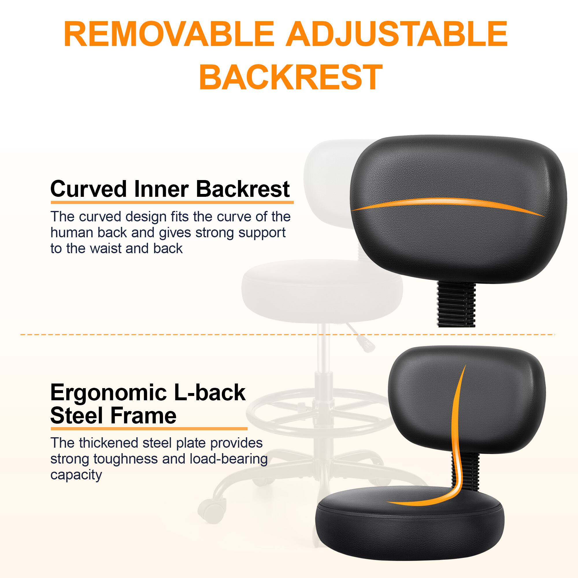 REMOVABLE ADJUSTABLE BACKREST: Curved Inner Backrest - The curved design fits the curve of the human back and gives strong support to the waist and back. Ergonomic L-back Steel Frame - The thickened steel plate provides strong toughness and load-bearing capacity.