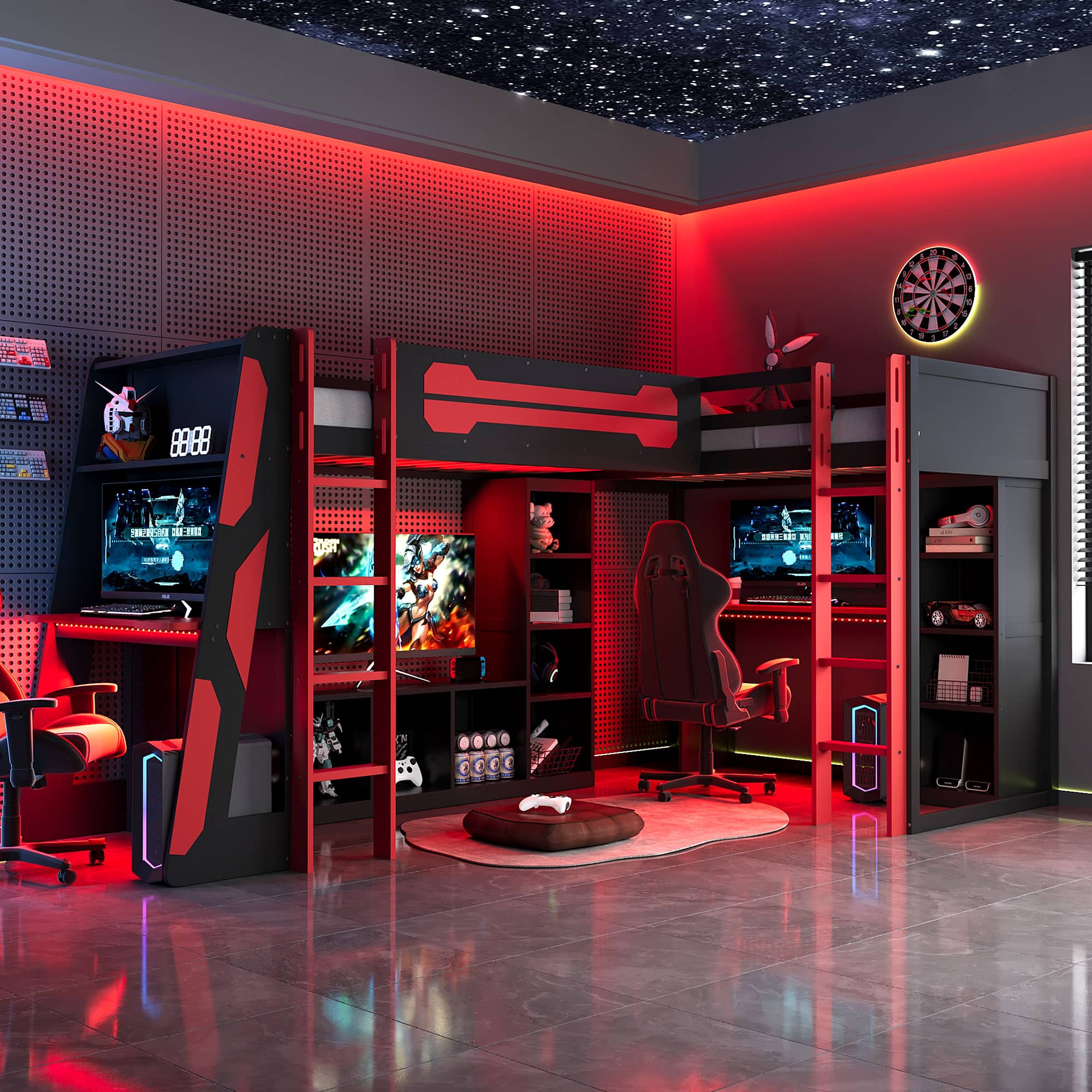 Anysun - L-Shaped Twin Gaming Bed Frame - RGB LED Lights, USB Ports, TV Stand & Storage Shelves, Reversible Space-Saving Design - Red