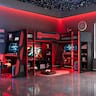 Anysun - L-Shaped Twin Gaming Bed Frame - RGB LED Lights, USB Ports, TV Stand & Storage Shelves, Reversible Space-Saving Design - Red
