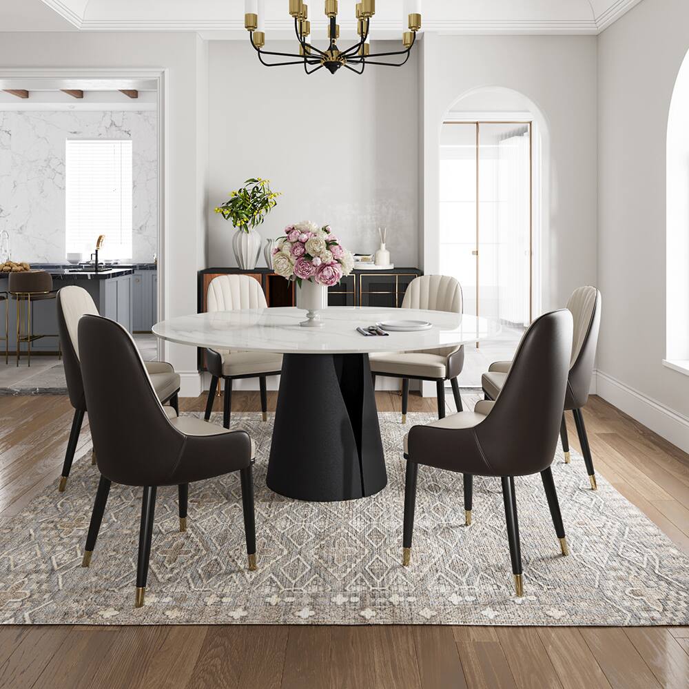 Left. POVISON - 59" Modern Round White Dining Table for 6, Glossy Sintered Stone Tabletop, Solid Black Carbon Steel Pedestal Base - Glossy White Sintered Stone & Black Steel Base.