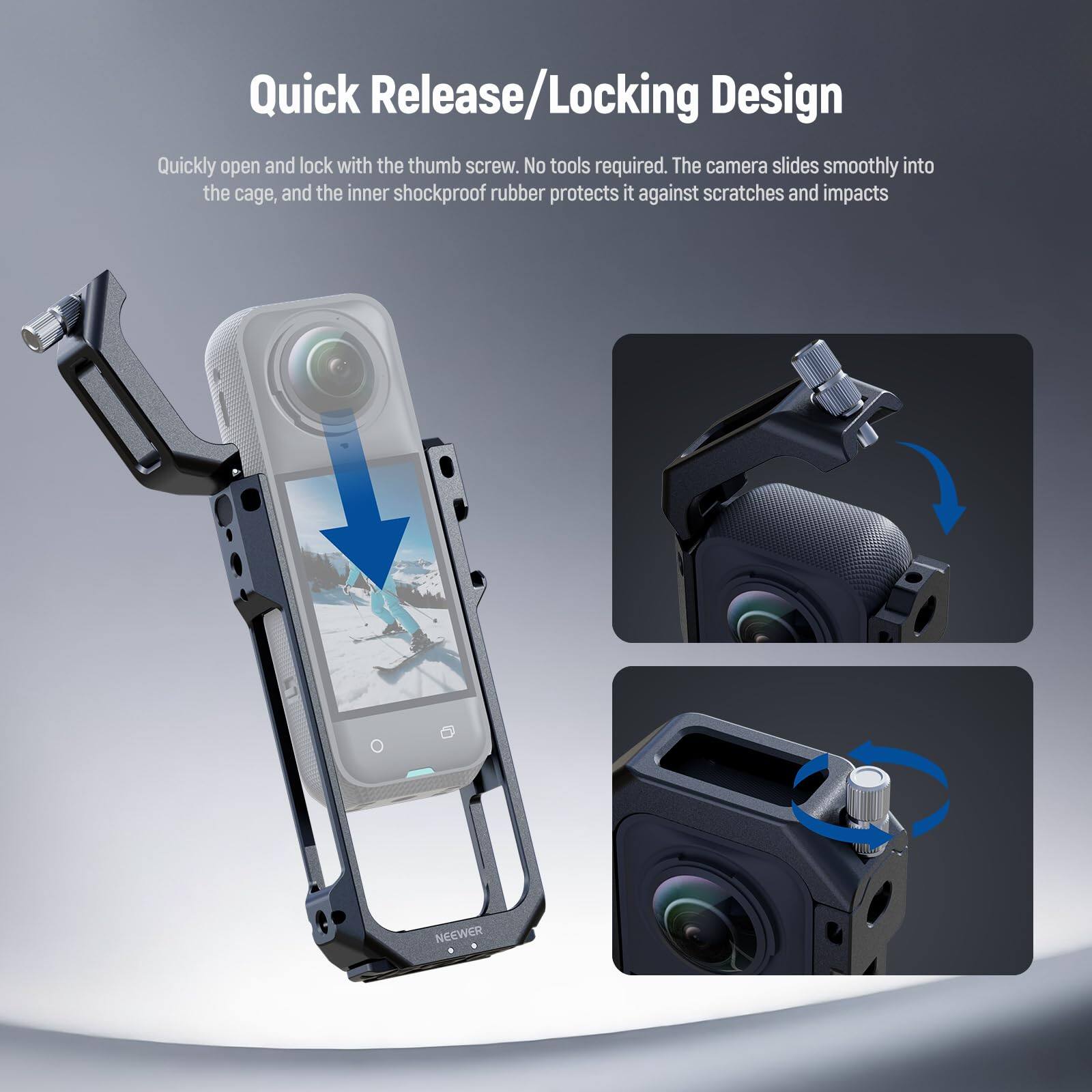 Quick Release/Locking Design  
Quickly open and lock with the thumb screw. No tools required. The camera slides smoothly into the cage, and the inner shockproof rubber protects it against scratches and impacts.