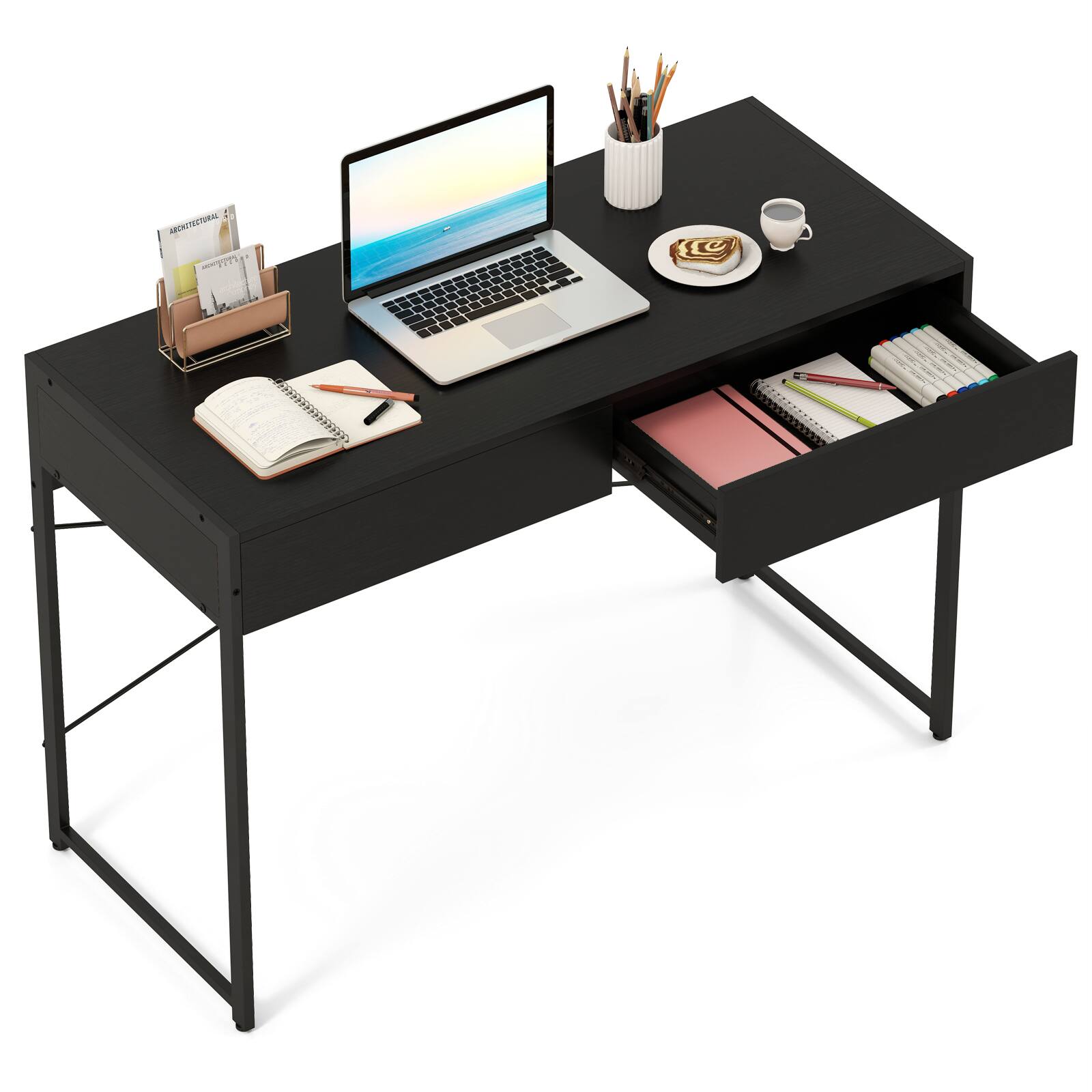 Front. Gymax - Gymax Modern 2-Drawer Computer Desk w/ Reinforced Heavy-Duty Metal Frame Anti-Tip Kit - Black.