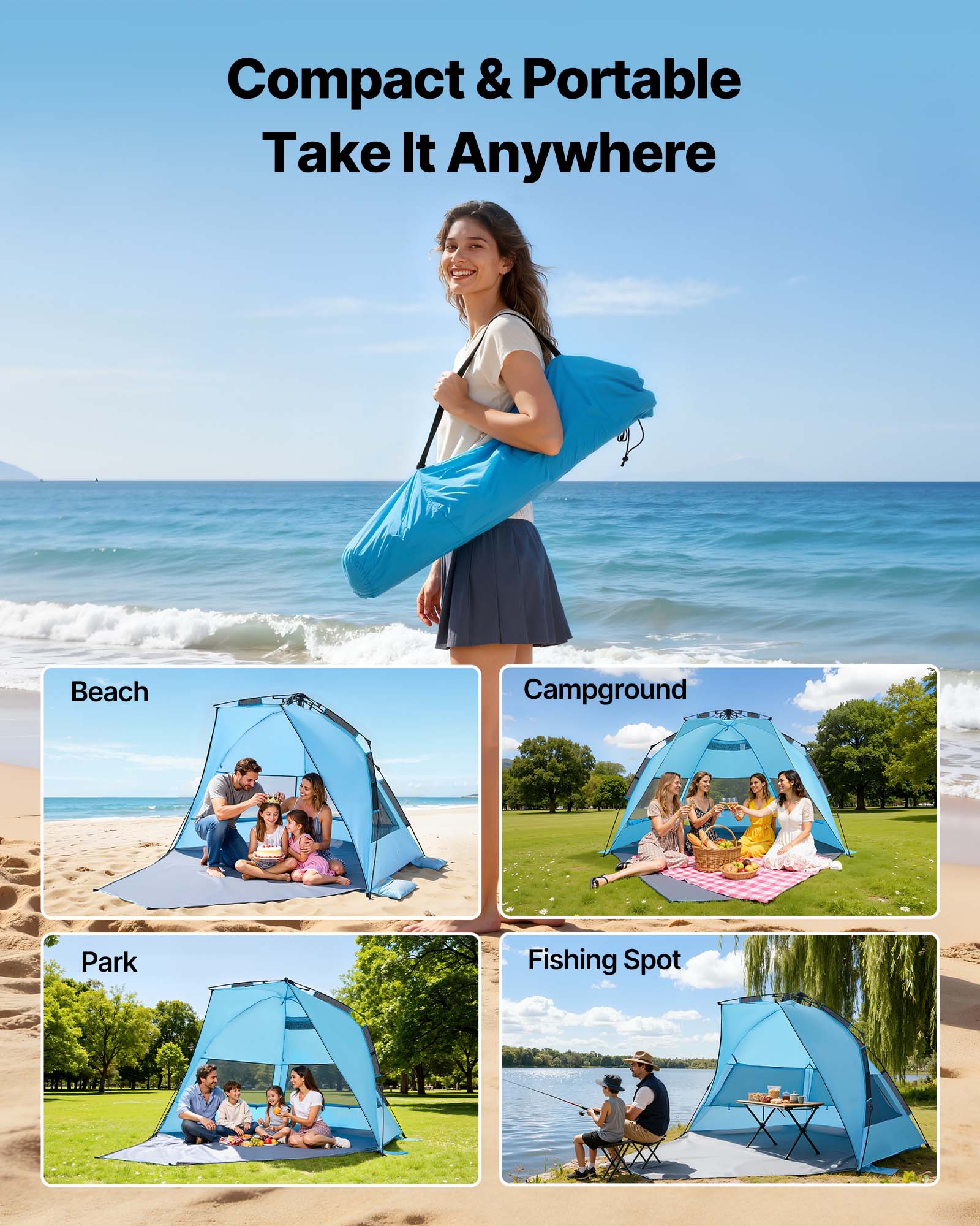 Compact & Portable  
Take It Anywhere  

Beach  
Campground  
Park  
Fishing Spot