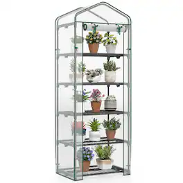 Costway - 69" x 48" x 75" Mini Greenhouse with 5 Tier Shelves, PE Cover, Roll-Up Zipper Door - White
