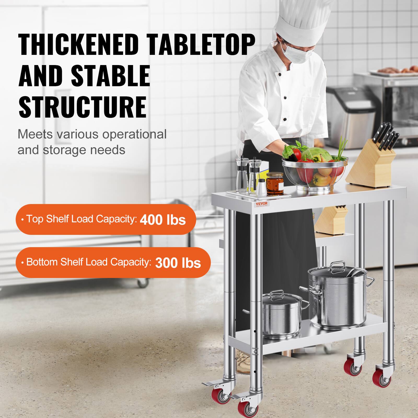**Thickened Tabletop and Stable Structure**

Meets various operational and storage needs

- Top Shelf Load Capacity: 400 lbs
- Bottom Shelf Load Capacity: 300 lbs