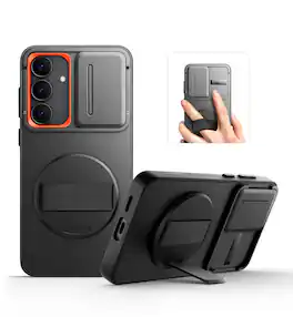 SURITCH - Case for Samsung Galaxy S25 FE with 360° Rotatable Hand Strap, Invisible Kickstand,Slide Camera Cover, Rugged Shockproof - Black