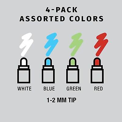 4-Pack Assorted Colors  
White, Blue, Green, Red  
1-2 mm Tip