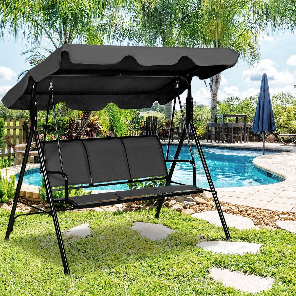 Alt View 9. Gymax - Gymax Outdoor Porch Swing Canopy Patio Swing Chair 3 Person Canopy Hammock - Black.