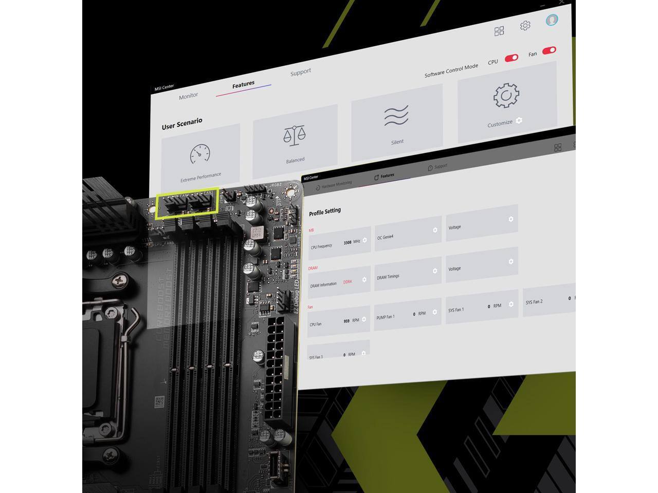 U Center Monitor Features Support Control Mode Software CPU Fan User Scenario Customize Silent Extreme Performance EI Balanceed nig J Hedec Mondoring Profile Setting Pratunes Support NB (P% Frequency 1AM S D Gened Veollage LED ongaa DEAM DOR DRAM Infonation tan RU9 APM ON Fon DRAM Timings MP Tam I KPM Voltage S5Ran . RPM SYS Fan2 L MM