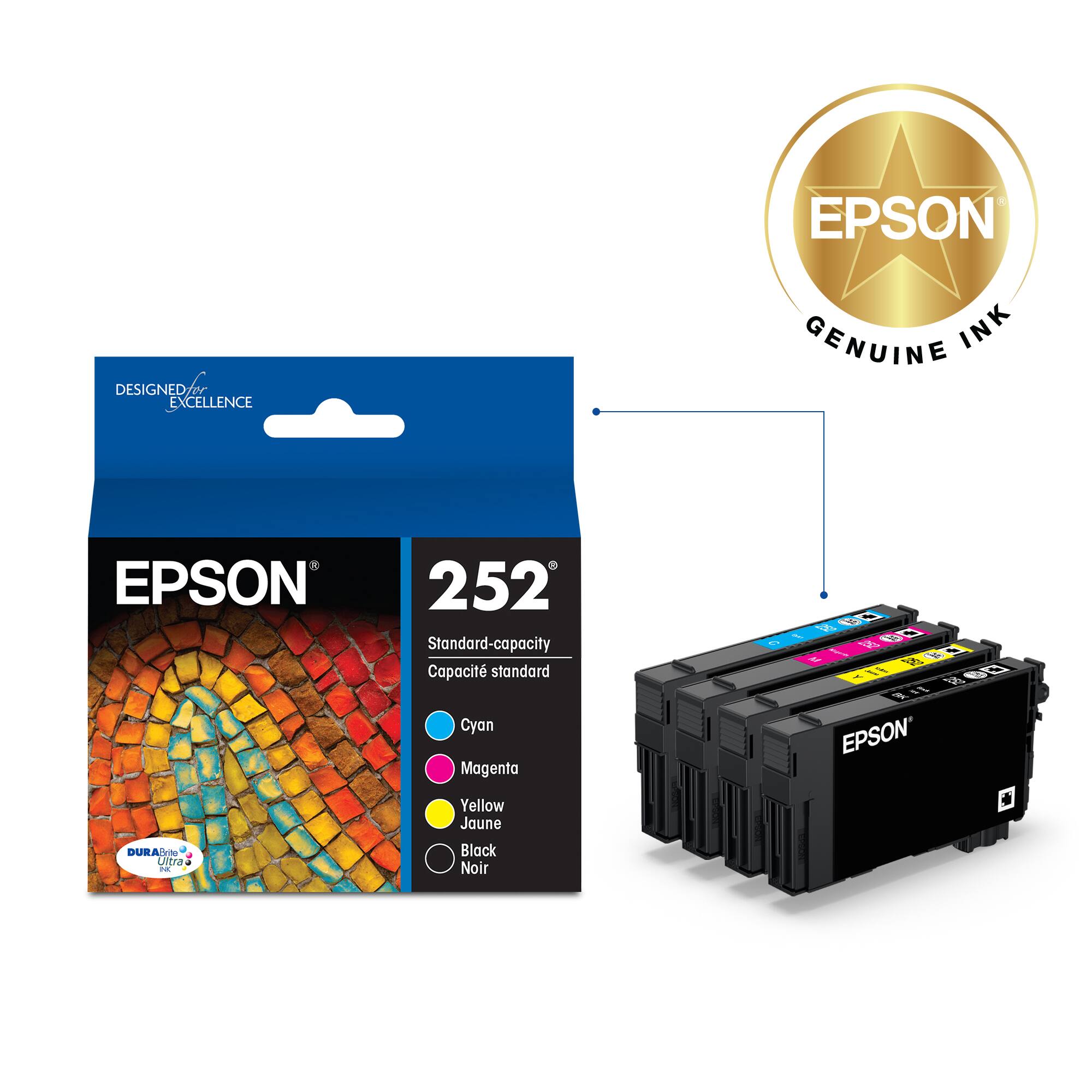 EPSON DESIGNED EXCELLENCE GENUINE INK EPSON 252 Standard-capacity Cartridges: Cyan, Magenta, Yellow, Black.