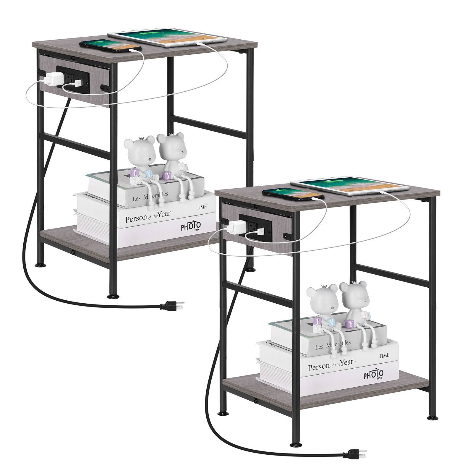 Oumilen - 2-Tier End Table with Built-in Charging Station - Gray