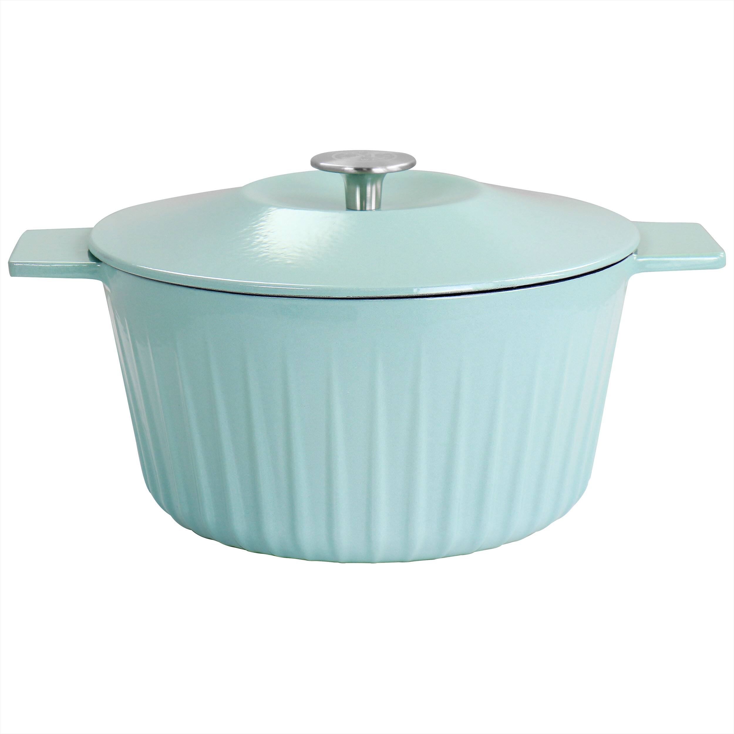Front. Martha Stewart - Martha Stewart Enameled Cast Iron 5 Quart Round Dutch Oven with Lid in Light Cyan - Light Cyan.