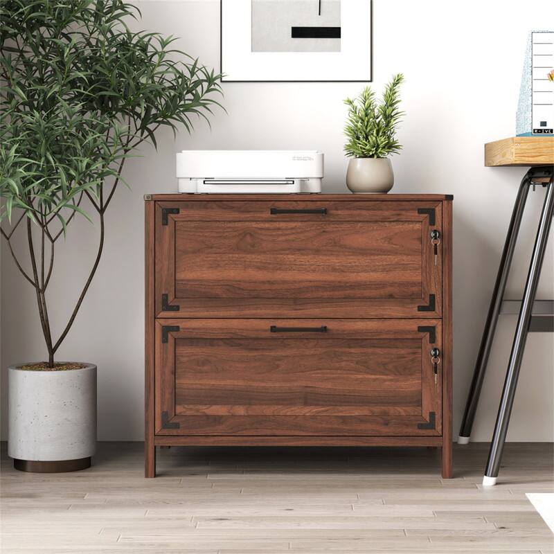 Alt View 4. HTUTWOO - 2 Drawer Farmhouse File Cabinet with Lock - Filing Cabinet for Home Office Design for Home Office - Walnut.