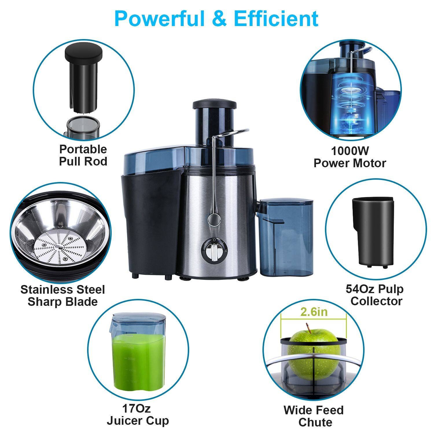Powerful & Efficient Portable Pull Rod 1000W Power Motor - Stainless Steel Sharp Blade 54Oz Pulp Collector 2.6in 17Oz Juicer Cup Wide Feed Chute