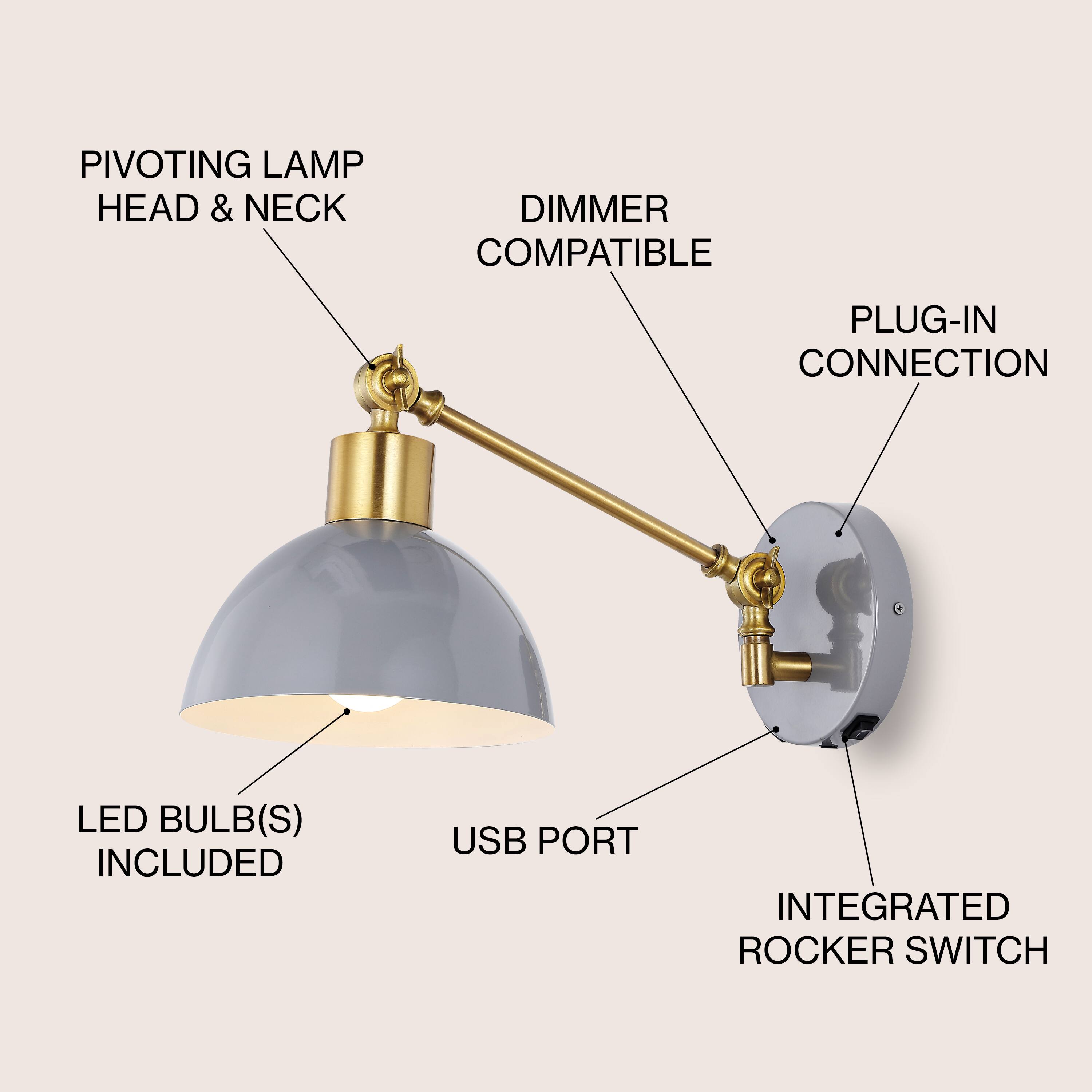 PIVOTING LAMP HEAD & NECK  
DIMMER COMPATIBLE  
PLUG-IN CONNECTION  
LED BULB(S) INCLUDED  
USB PORT  
INTEGRATED ROCKER SWITCH