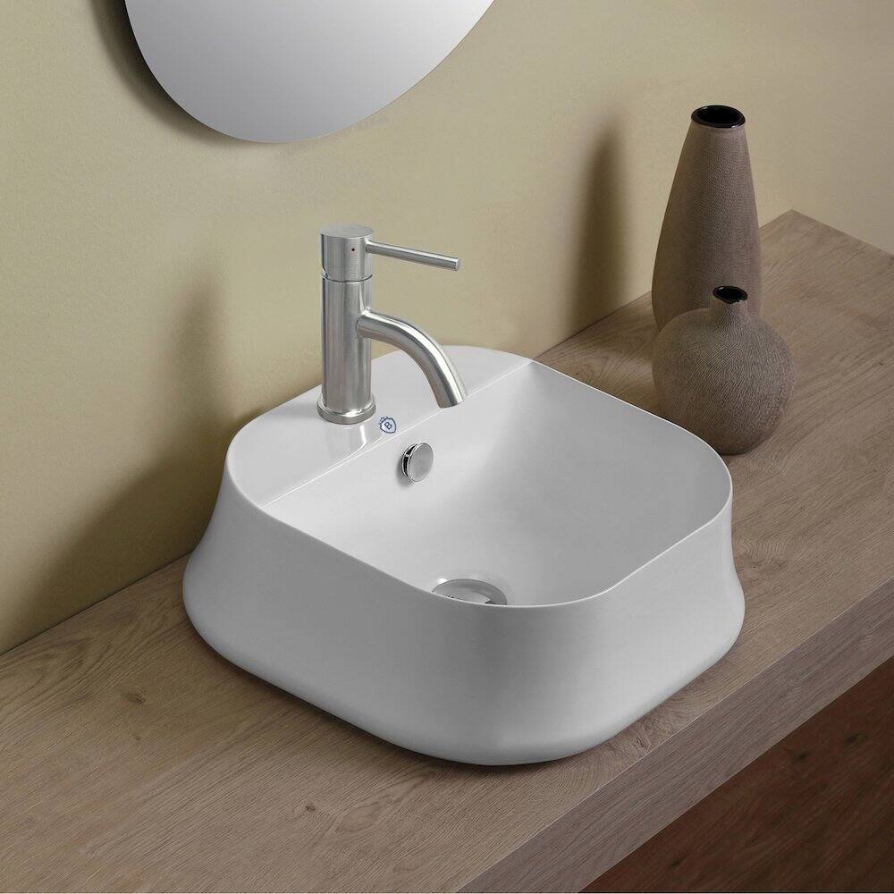 Angle. Whitehaus - Britannia Square Above Mount Basin with Single Faucet Hole Drill - White.