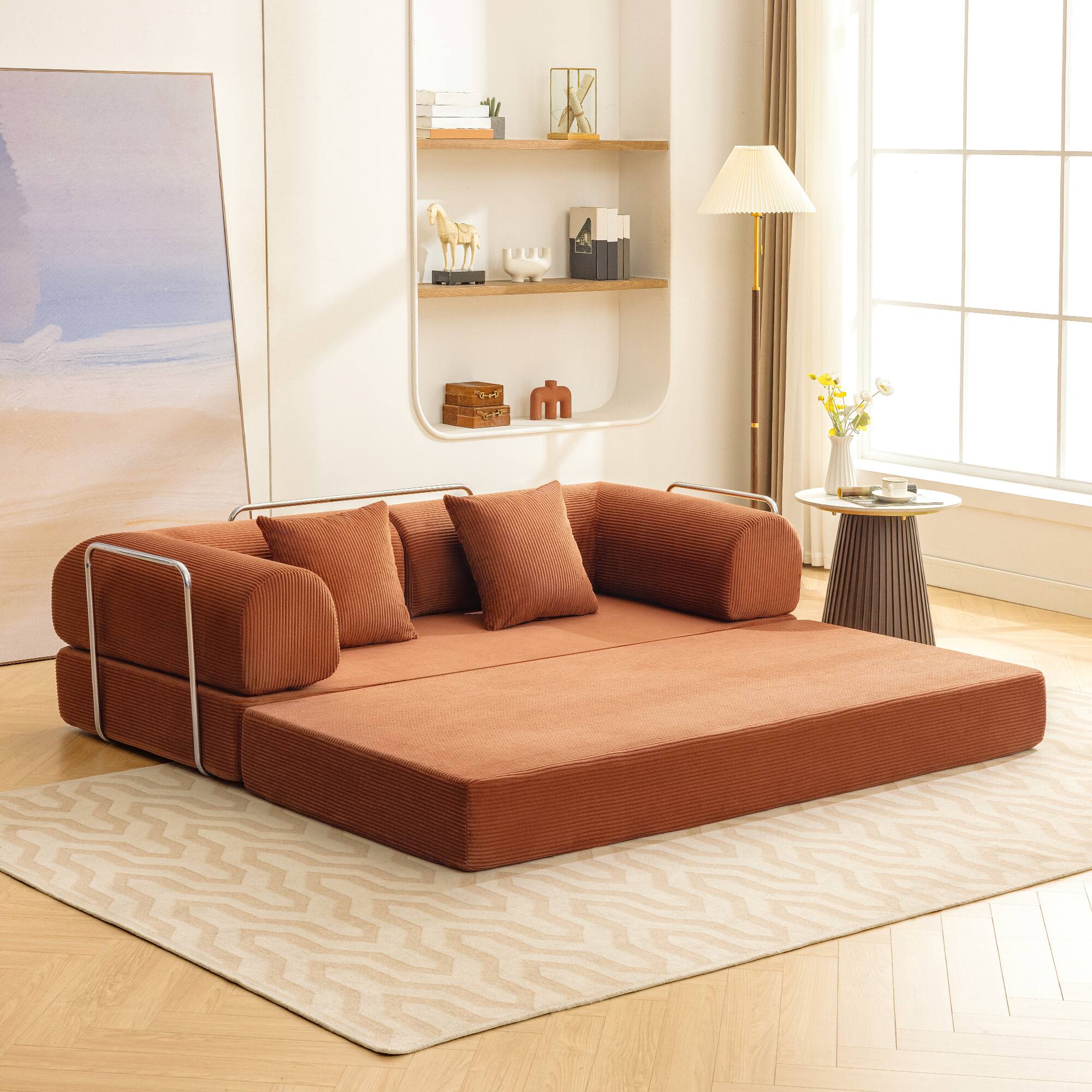 Brick Attic - 4-in-1 Folding Convertible Floor Sofa Bed, 78 Inch Oversized Modern Fabric Boneless Couch for Living Room Bedroom Lounge - Reddish Brown