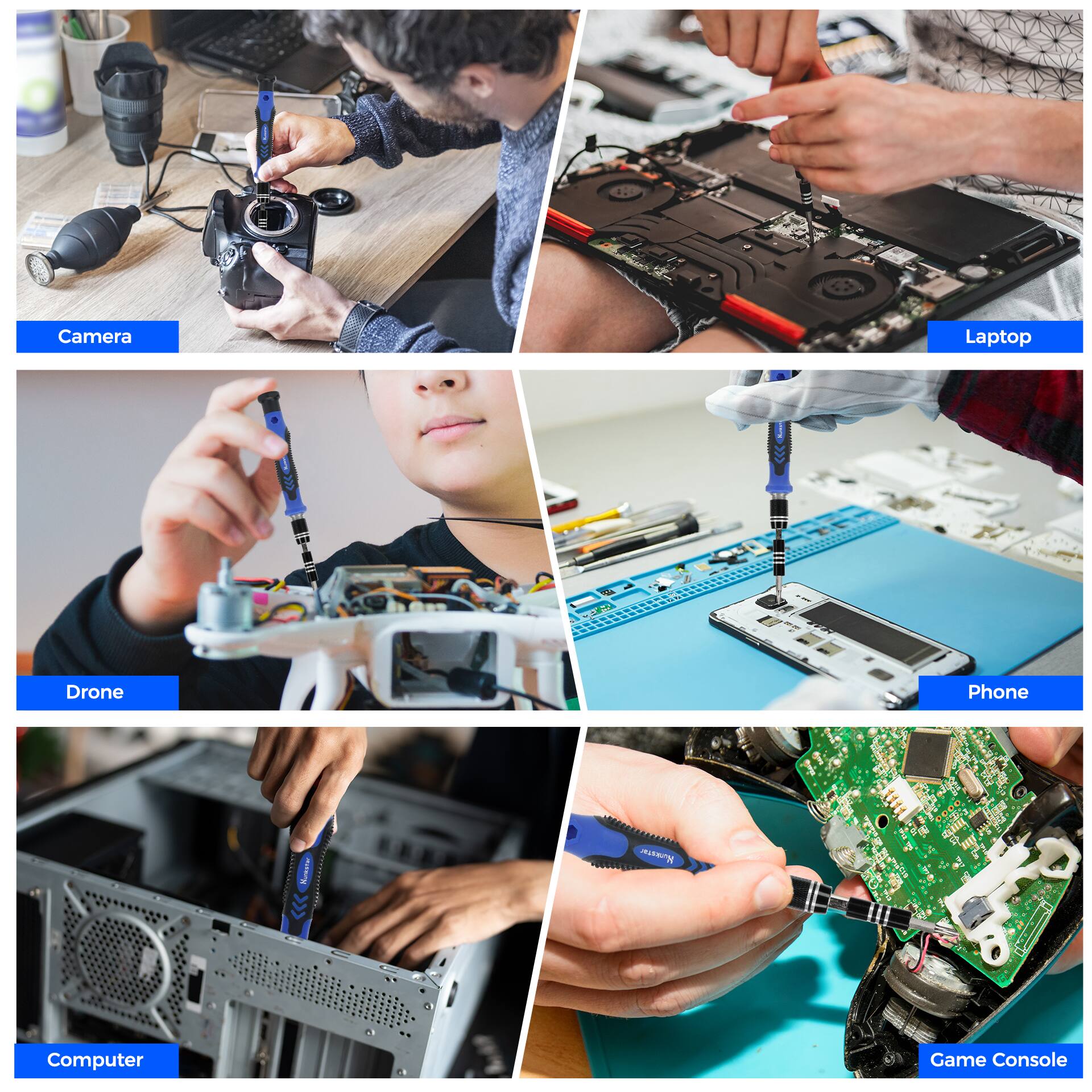 The text on the image is grouped as follows:
1. Camera: A person is holding a camera and taking a picture.
2. Laptop: A person is working on a laptop computer.
3. Drone: A person is assembling a drone.
4. Phone: A person is holding a smartphone.
5. Computer: A person is working on a computer.
6. Game Console: A person is working on a game console.