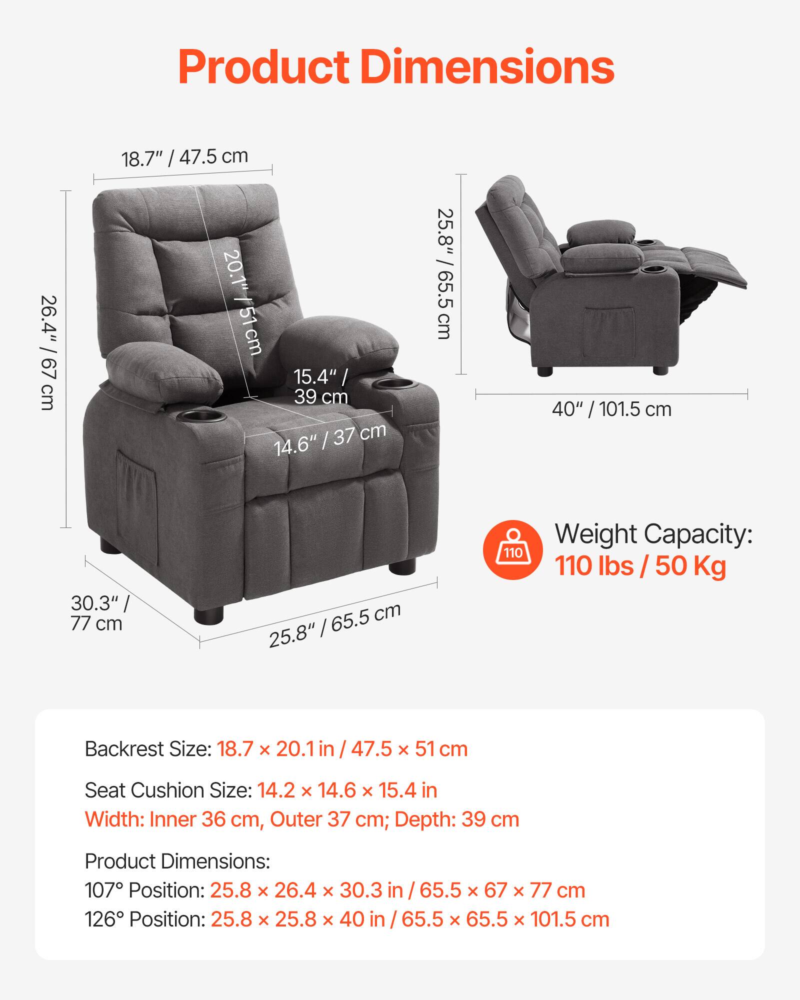 VEVOR - Recliner with Cup Holders and Pockets, 107° to 126° Adjustable Backrest - Gray