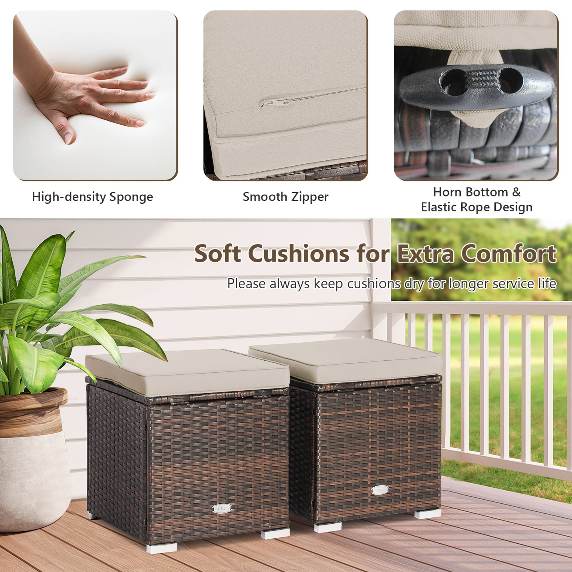 The text on the image is grouped and corrected as follows:

"High-density Sponge, Smooth Zipper, Horn Bottom & Elastic Rope Design Soft Cushions for Extra Comfort. Please always keep cushions dry for longer service life."