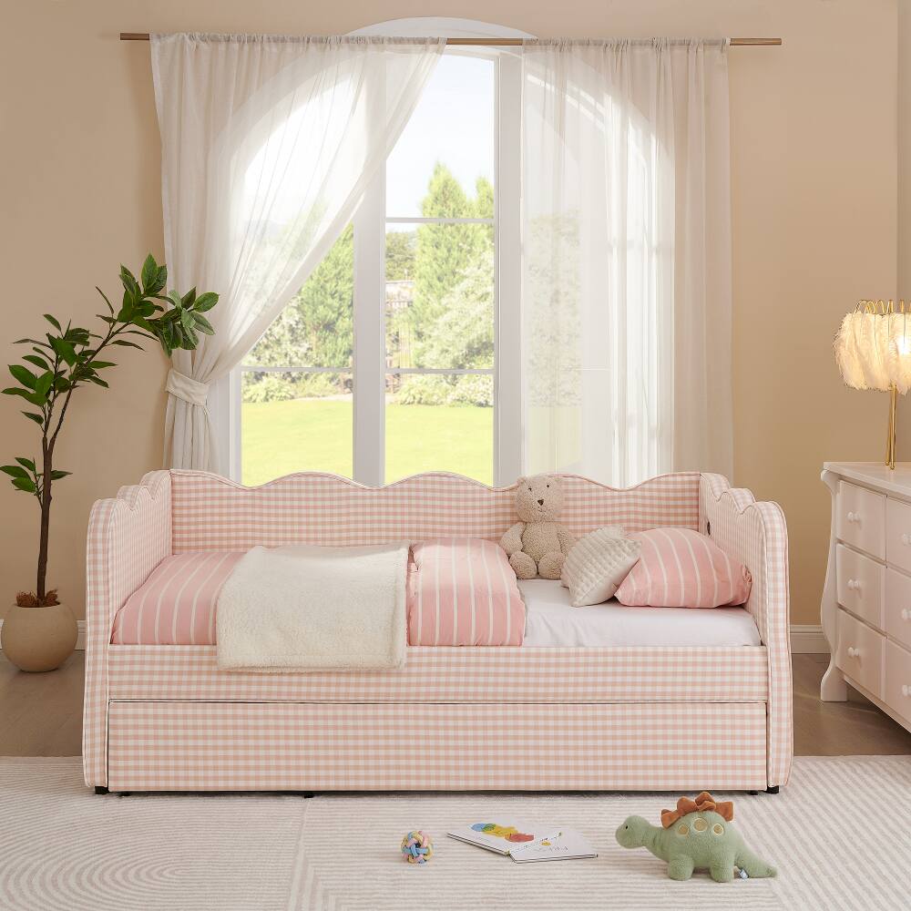 Back. JUJABU - Pink Cozy Gingham Daybed with Twin Size Trundle No Box Spring Needed, with USB Port and Adorable Wave Shaped - Pink.