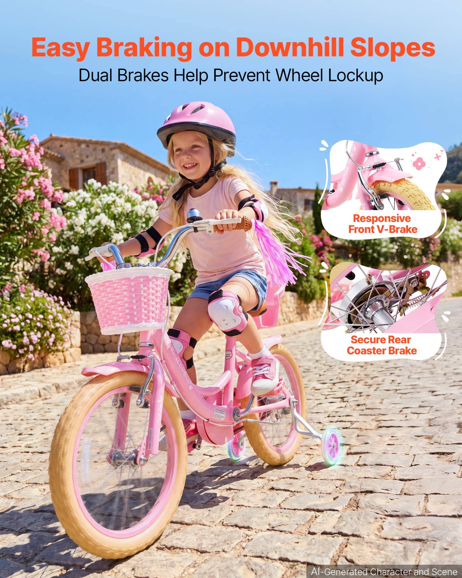 Easy Braking on Downhill Slopes  
Dual Brakes Help Prevent Wheel Lockup  

Responsive Front V-Brake  
Secure Rear Coaster Brake  

AI-Generated Character and Scene
