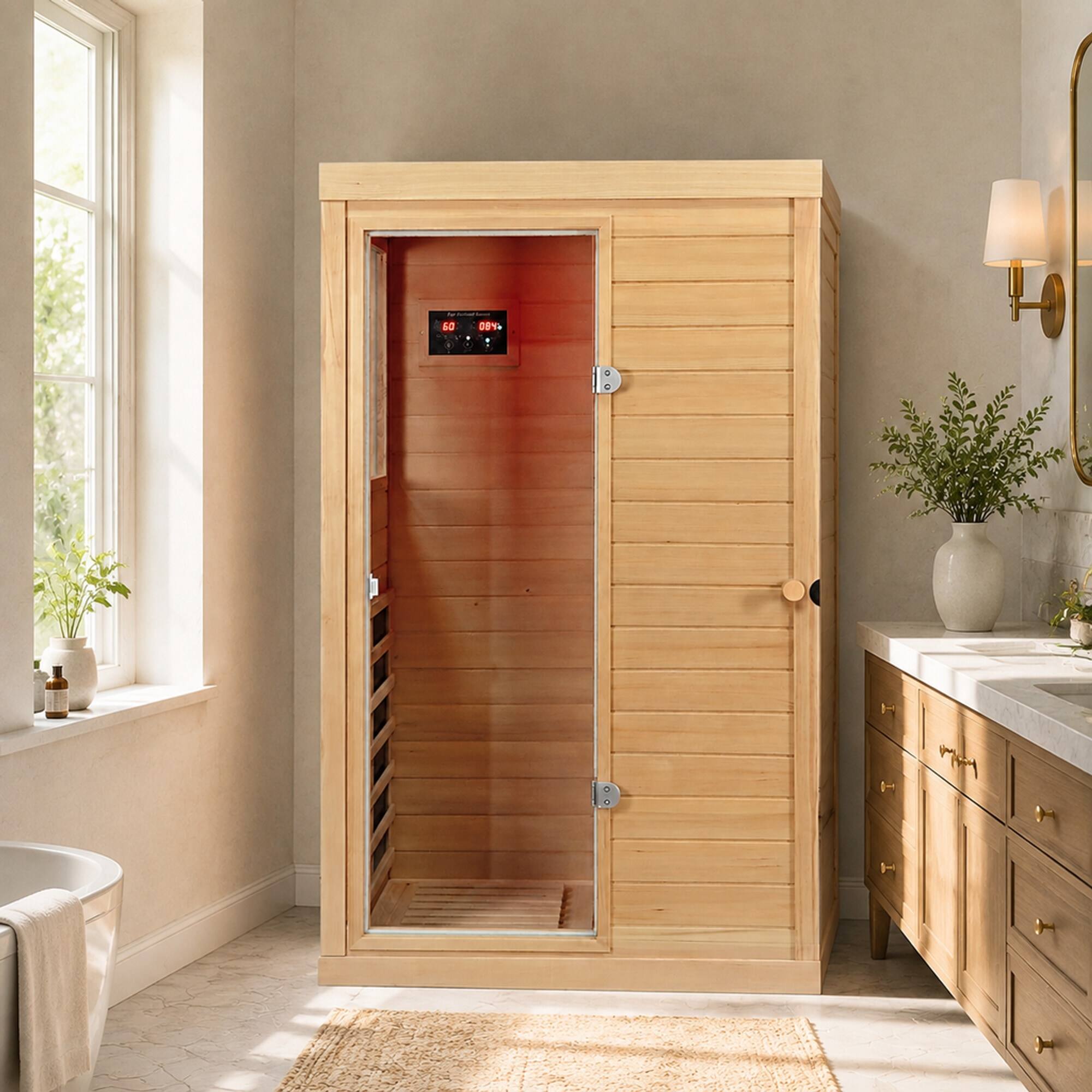 Back. RYHNUYNE - One Person Far Infrared Sauna, Canadian Hemlock Wood, Left-Hinged Door, Indoor Home Spa, 6 Heating Panels, Bluetooth - Natural Wood.