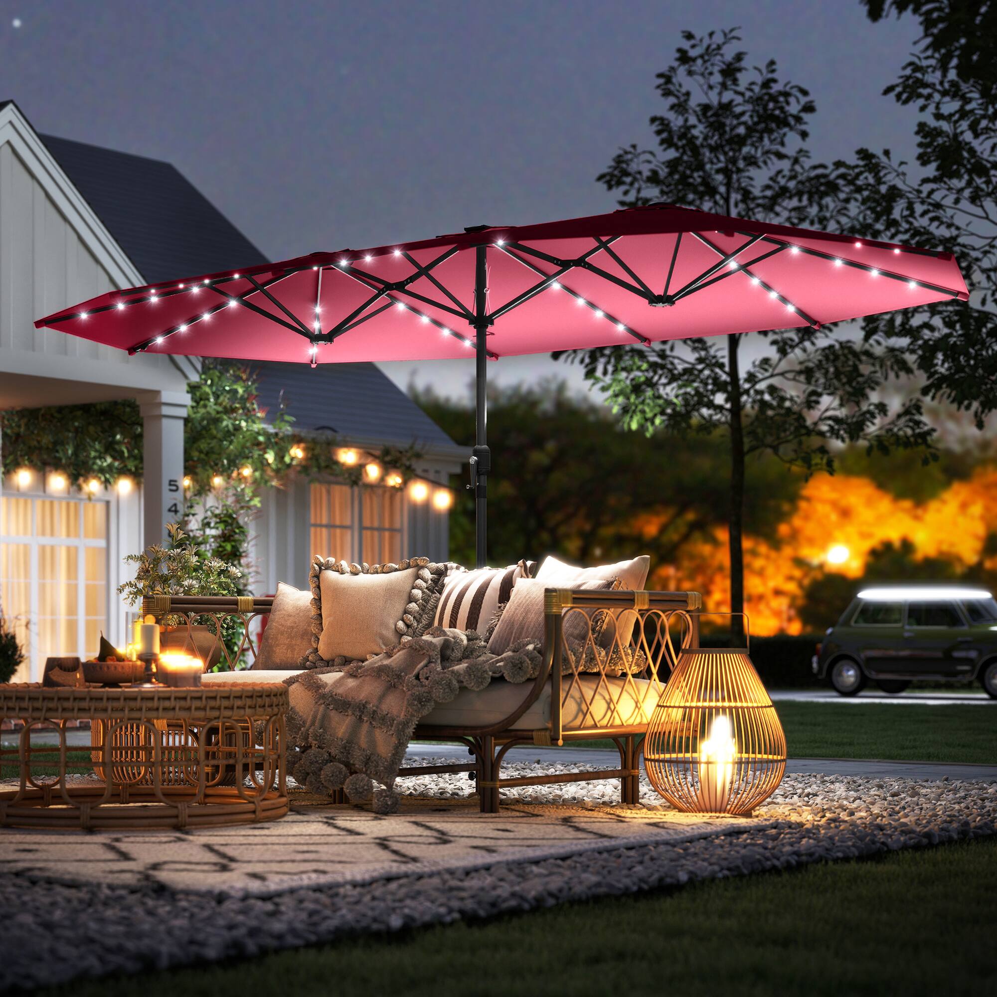 Alt View 1. Outsunny - Parasol, Double-Sided Sun Umbrella with LED Solar Lights, Patio Parasol for Outdoor - Wine Red.