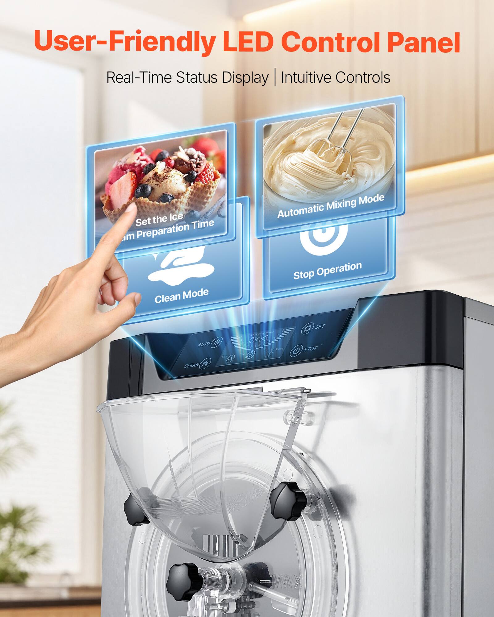 User-Friendly LED Control Panel  
Real-Time Status Display | Intuitive Controls

- Set the Ice  
  Preparation Time

- Clean Mode

- Automatic Mixing Mode

- Stop Operation

AUTO  
CLEAN  
SET  
STOP