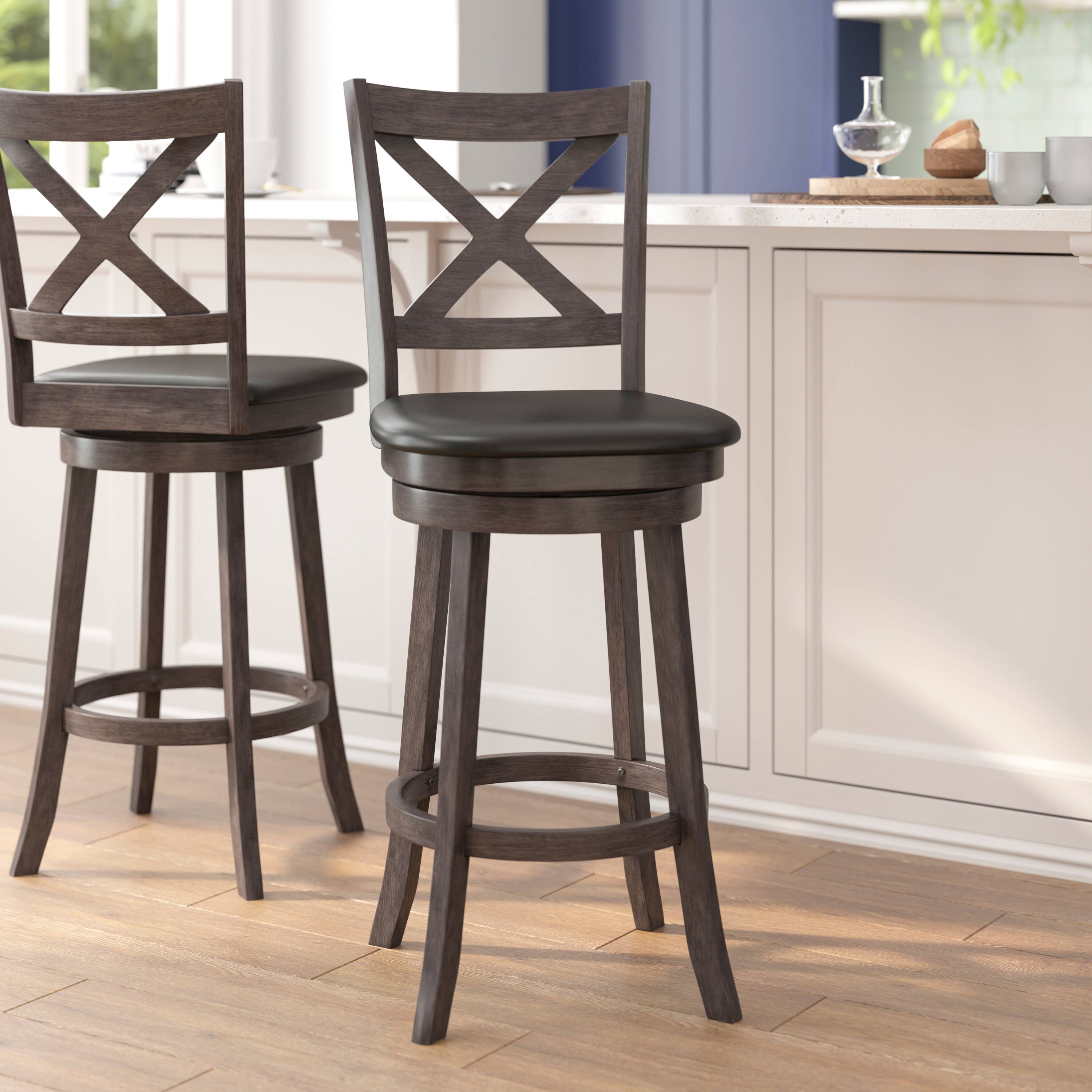 Alt View 1. Flash Furniture - Felicity Commercial Grade Wood Classic Crossback Swivel Bar Height Barstool with Padded Black LeatherSoft Seat, Gray Was - Gray.