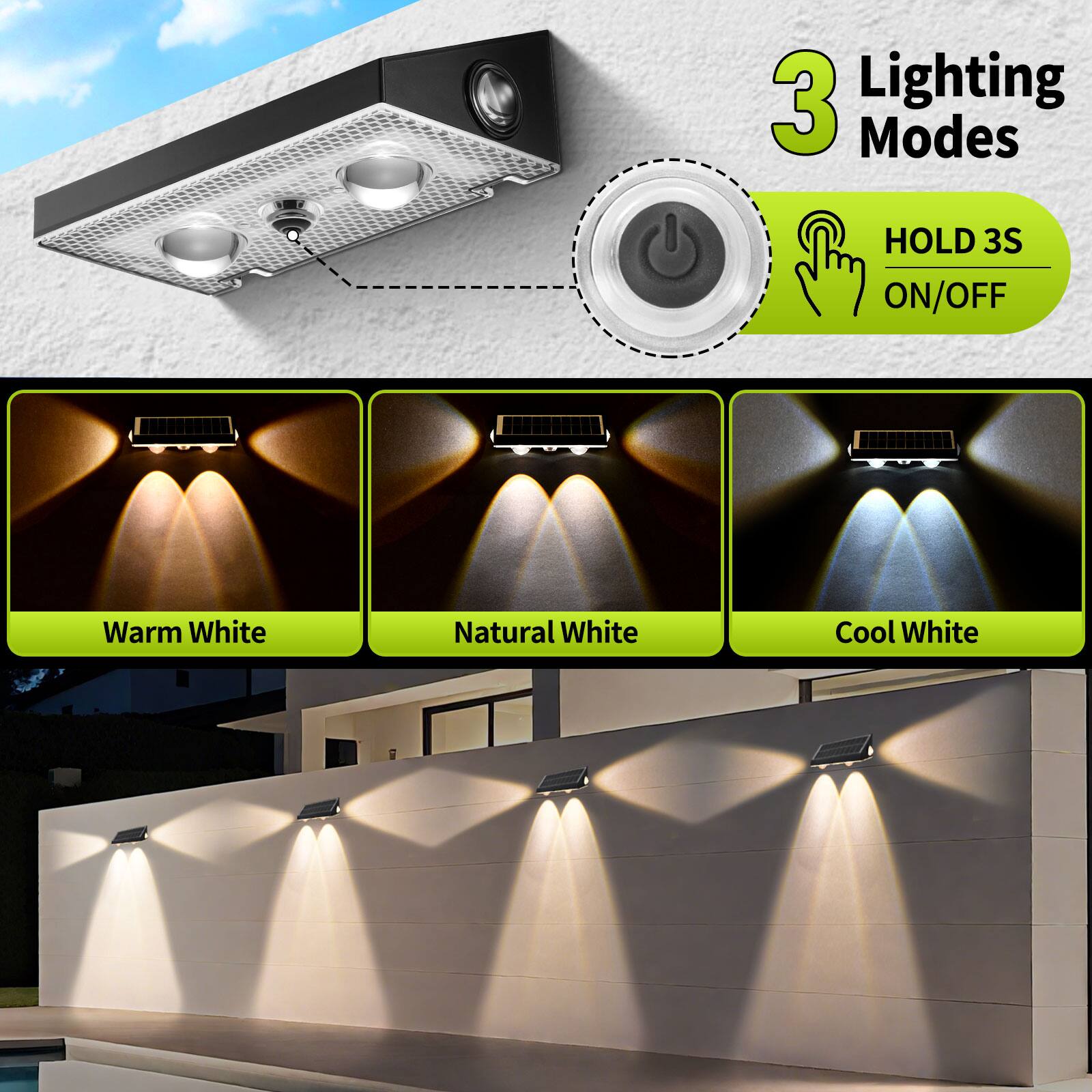 3 Lighting Modes  
HOLD 3S ON/OFF  
Warm White  
Natural White  
Cool White